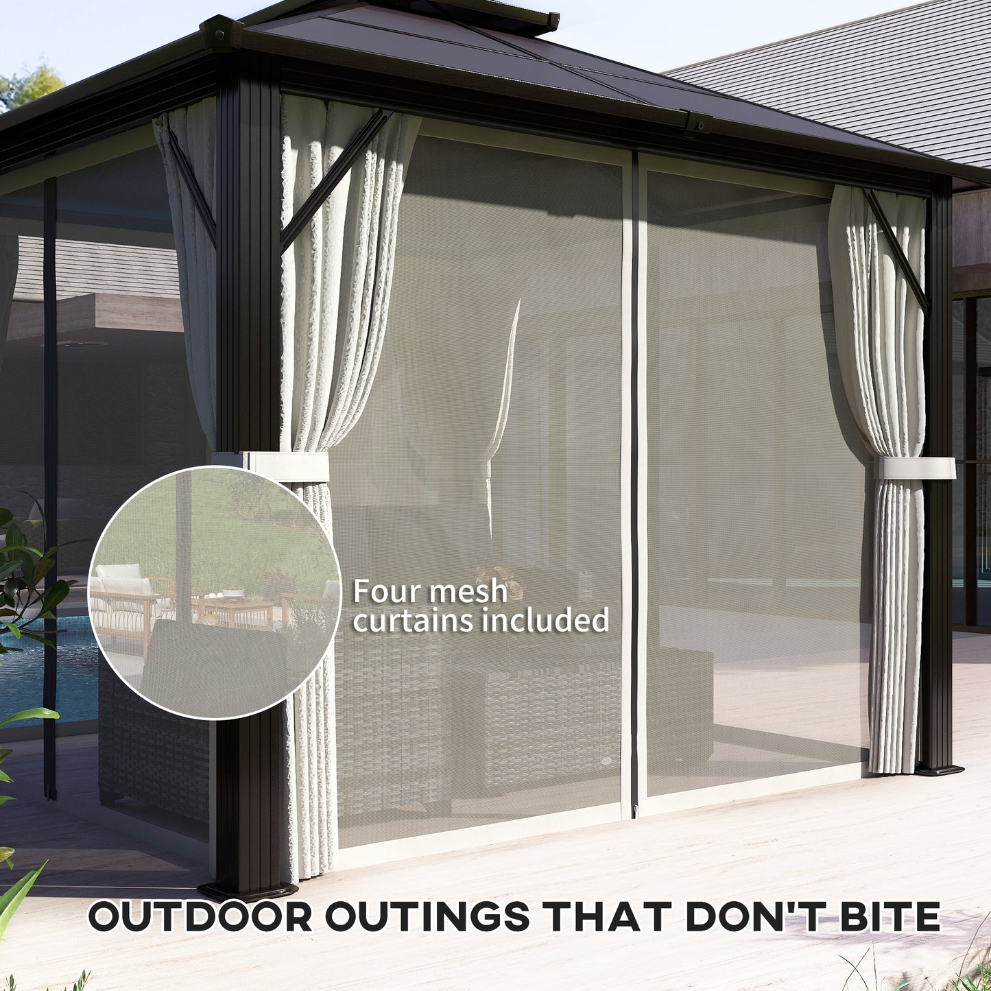 Outsunny Hardtop Gazebo, 3x3m, UPF30+ Polycarbonate Roof, Aluminum Frame, Mosquito Netting & Curtains for Patio/Deck, Beige