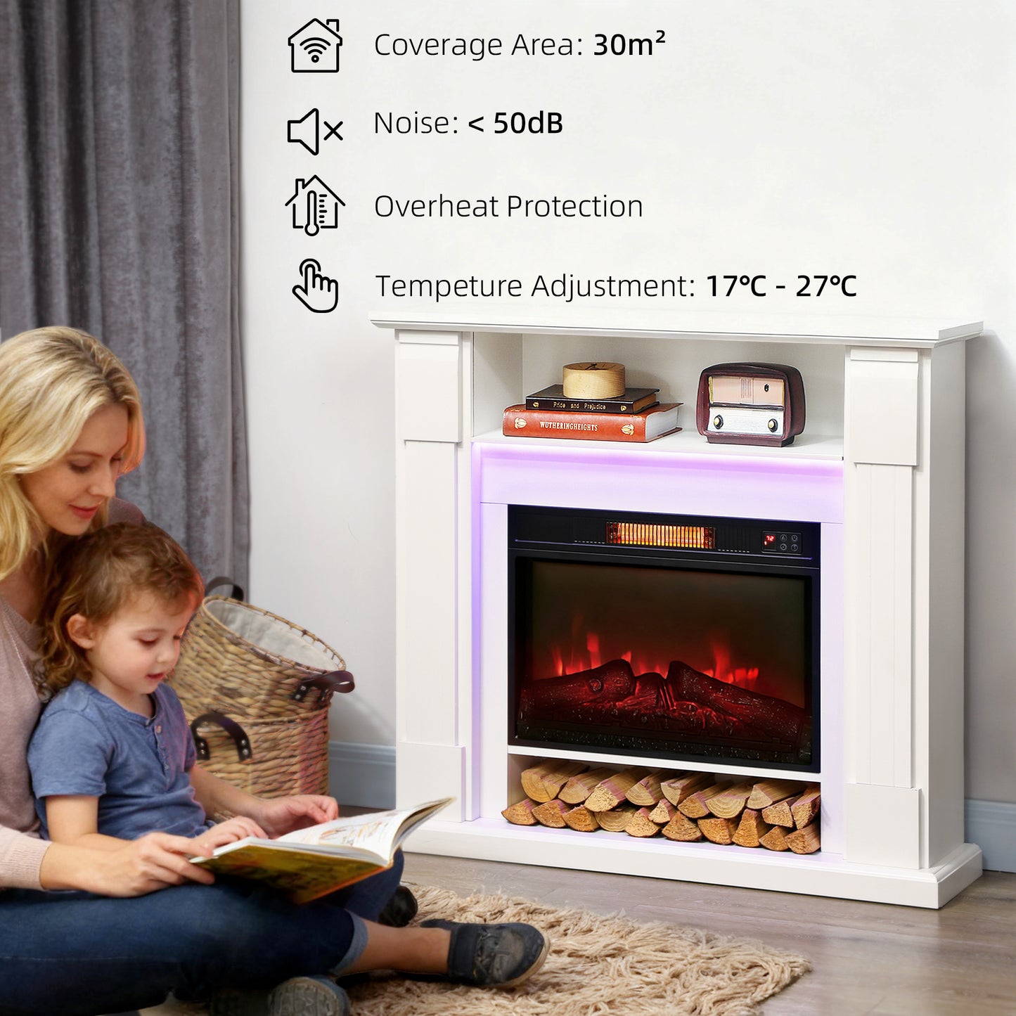 HOMCOM 6142 BTU Fireplace and LED Mantel, 17-27°C - White