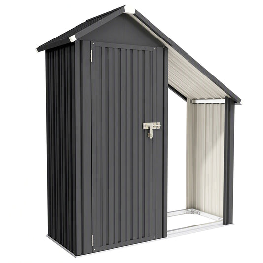 Outsunny 2 in 1 Galvanised Steel Firewood Shed, Outdoor Log Storage Shed with Tool Cabinet and Firewood Rack, Dark Grey