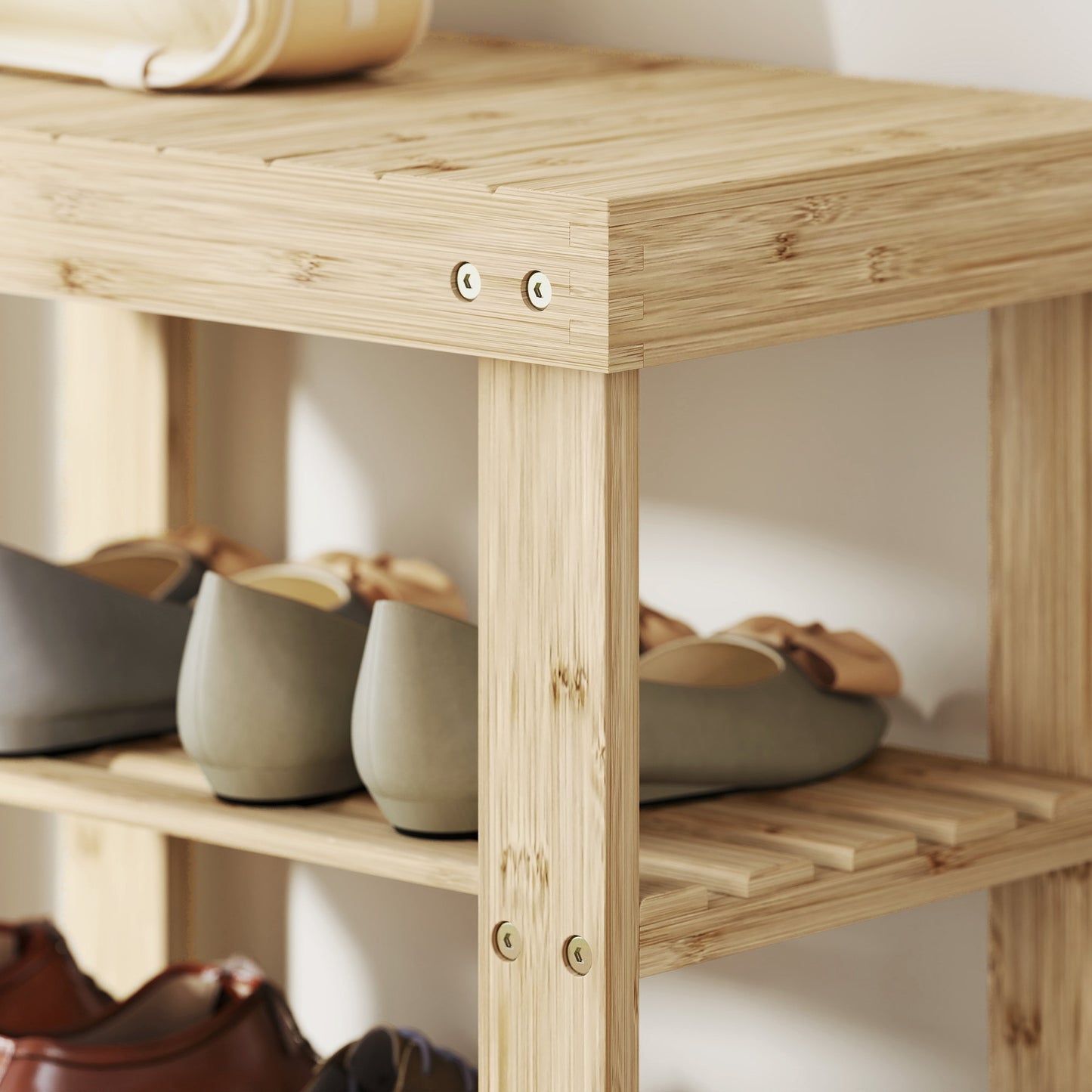 HOMCOM 3-Tier Bamboo Shoe Storage Bench - Nature Wood Finish