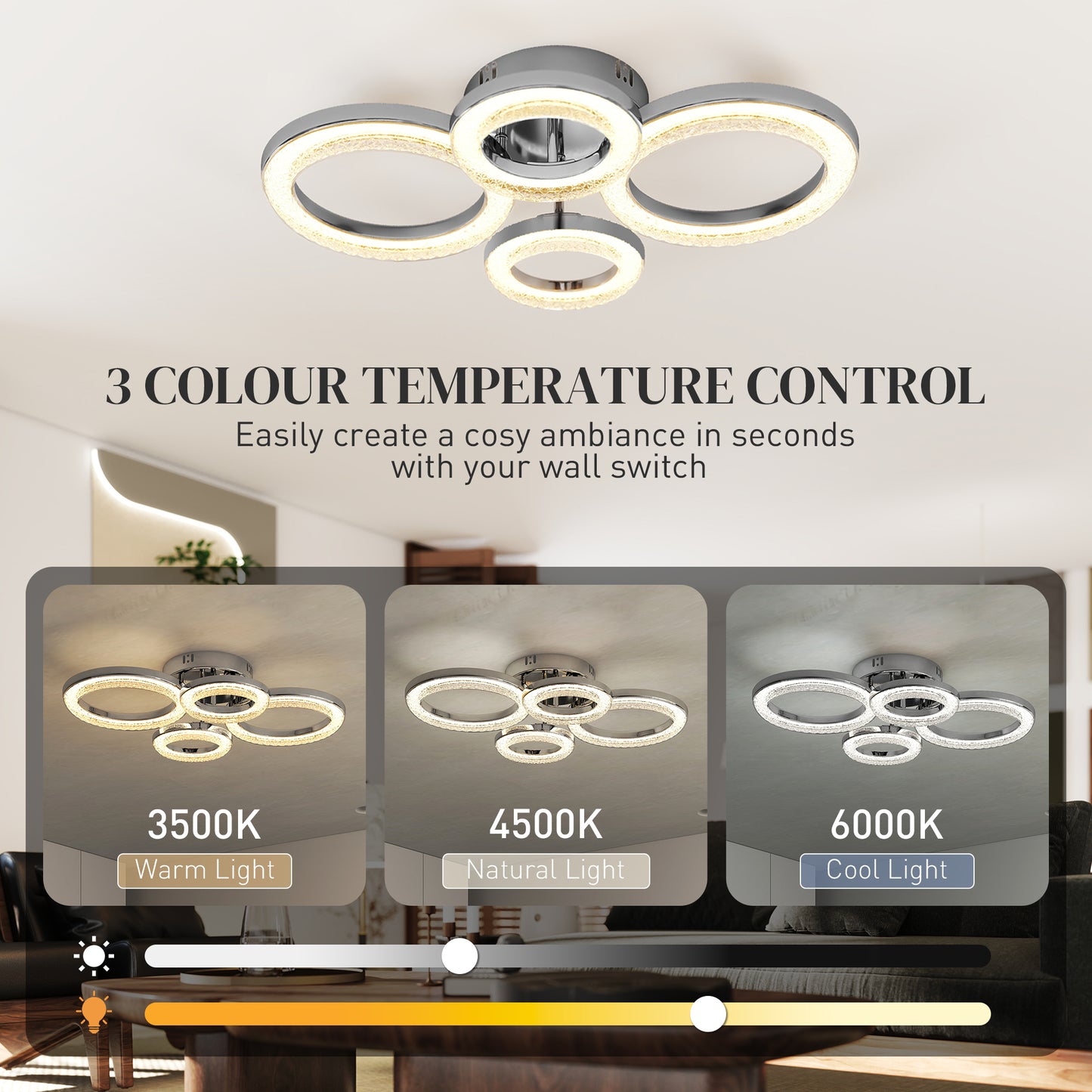 HOMCOM LED Ceiling Light, Modern 4 Rings Lamp, 40W 4350lm Flush Mount with 3500K/4500K/6000K Temps for Living Room, Bedroom, Silver Tone