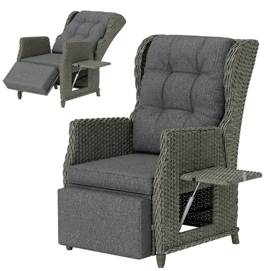Outsunny Rattan Garden Recliner Chair, Reclining Garden Chair with Adjustable Back and Footrest, Flip Table, Cushion, Dark Grey
