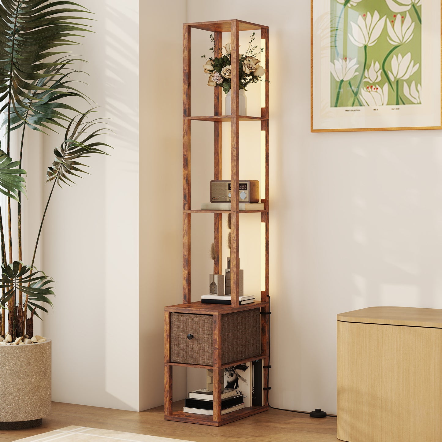 HOMCOM Floor Lamp with Shelves, LED Column Modern Standing Lamp, Adjustable Brightness, Foot Switch, Fabric Drawer, Rustic Brown