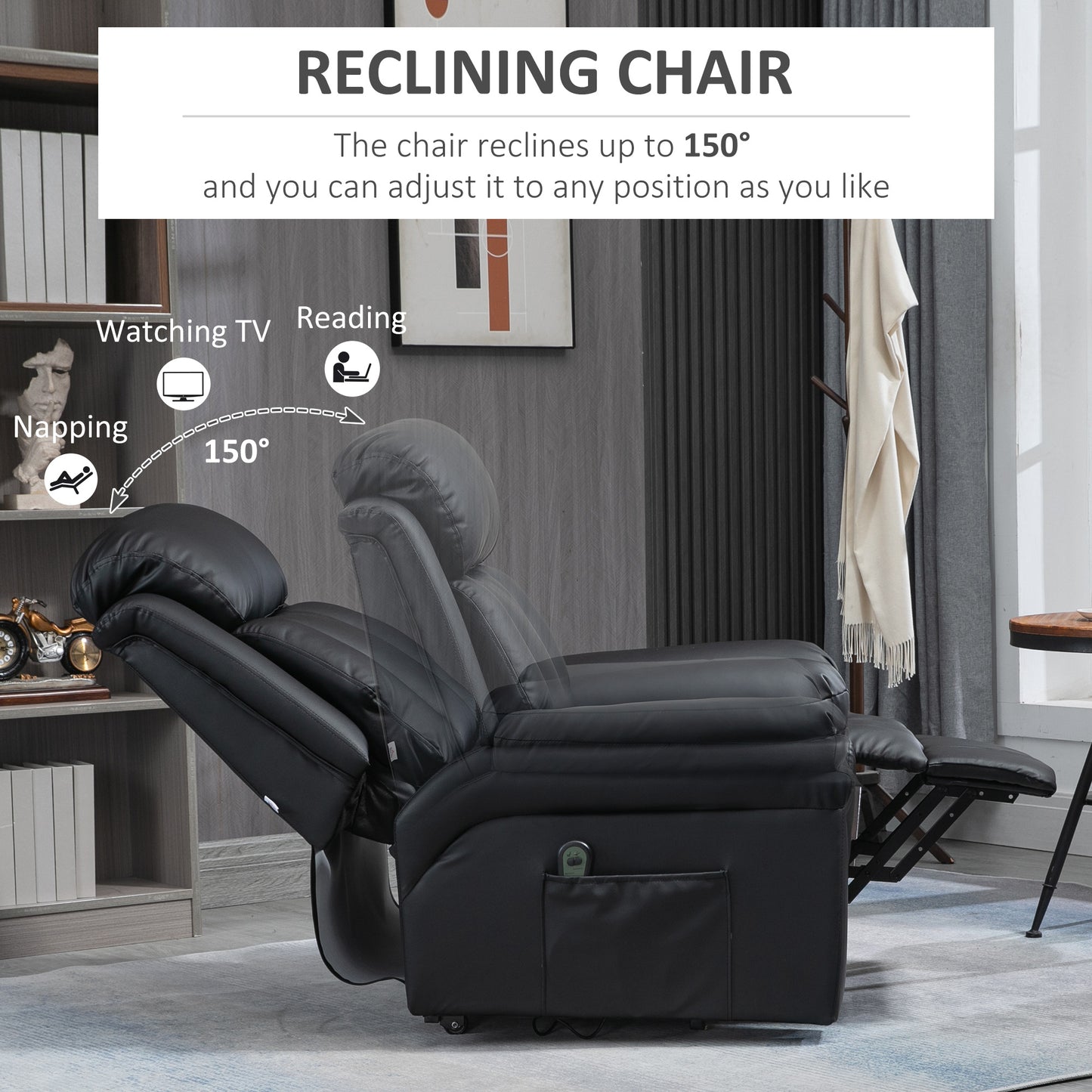 HOMCOM Power Lift Chair Recliner for Elderly, Electric Faux Leather Armchair with Remote Control and Side Pockets, Black