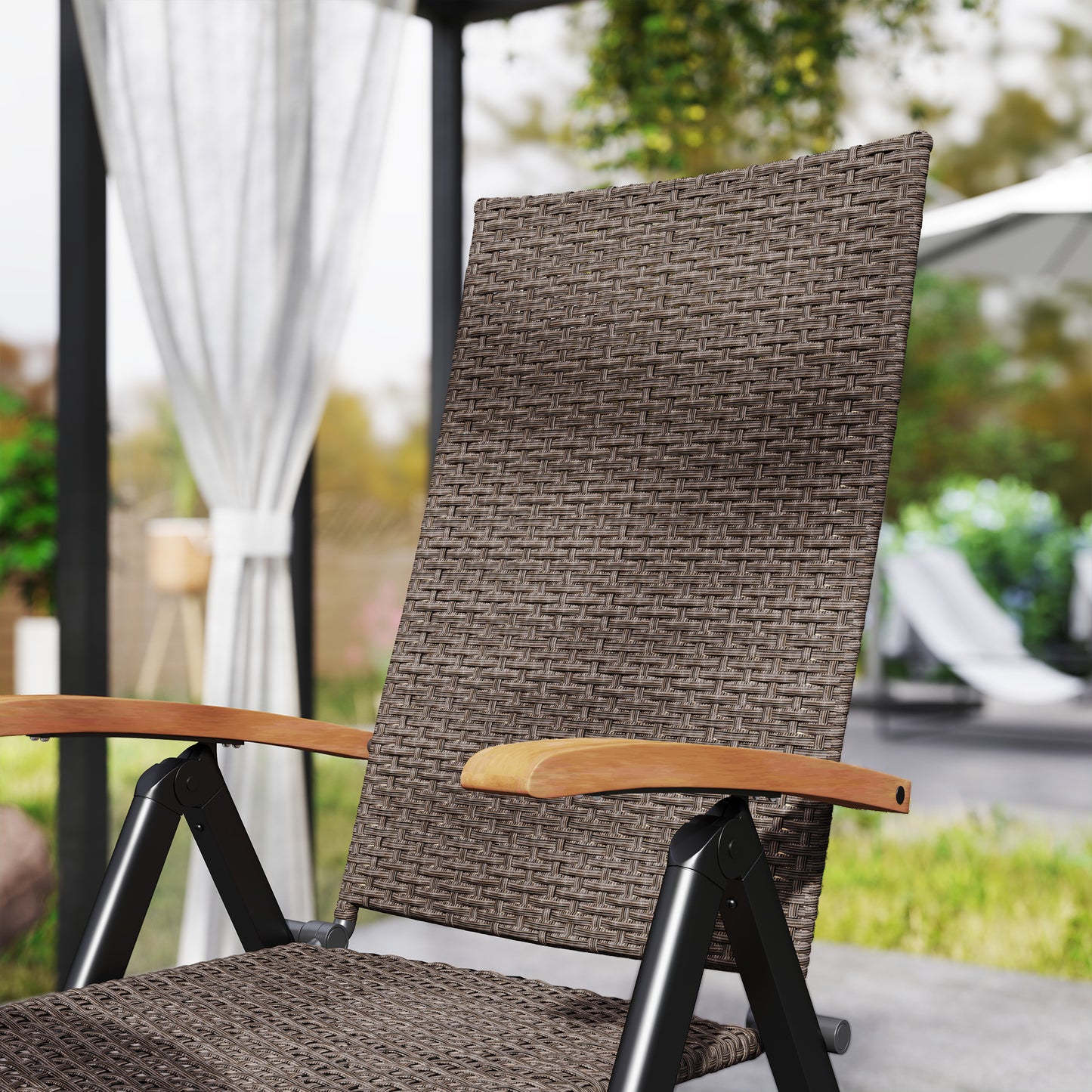 Outsunny 2 Pieces Outdoor Foldable Dining Chair with Armrests, High Backrest, for Garden, Camping, Balcony, Brown