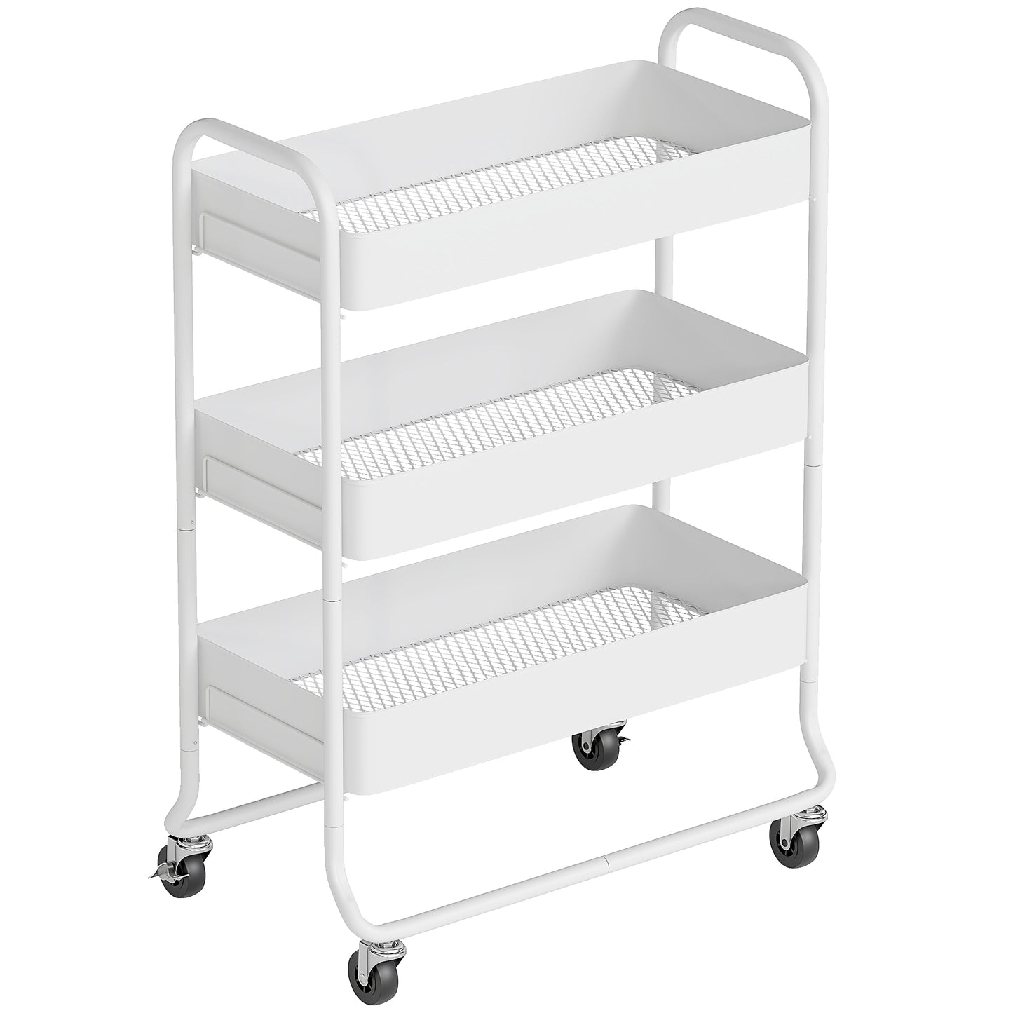 HOMCOM 3-Tier Storage Trolley on Wheels, Rolling Utility Cart with Mesh Backets for Kitchen, Bathroom, Bedroom, White