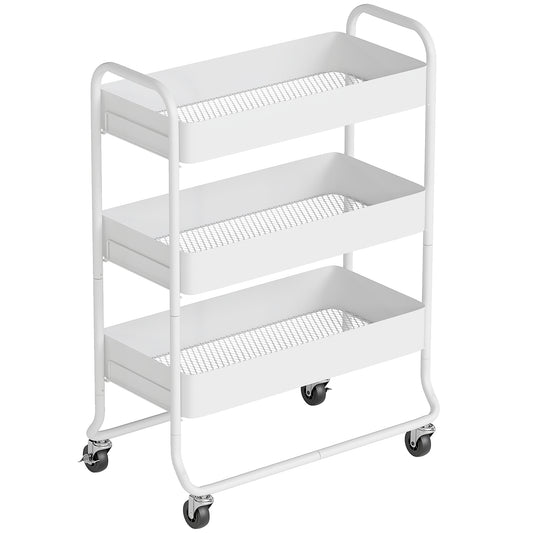 HOMCOM 3-Tier Storage Trolley on Wheels, Rolling Utility Cart with Mesh Backets for Kitchen, Bathroom, Bedroom, White