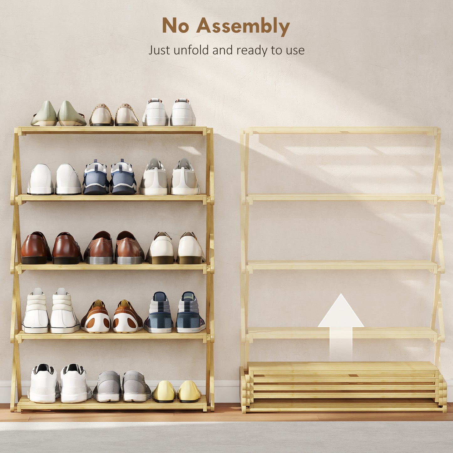 HOMCOM 5-Tier Bamboo Shoe Rack, No Assembly - Natural