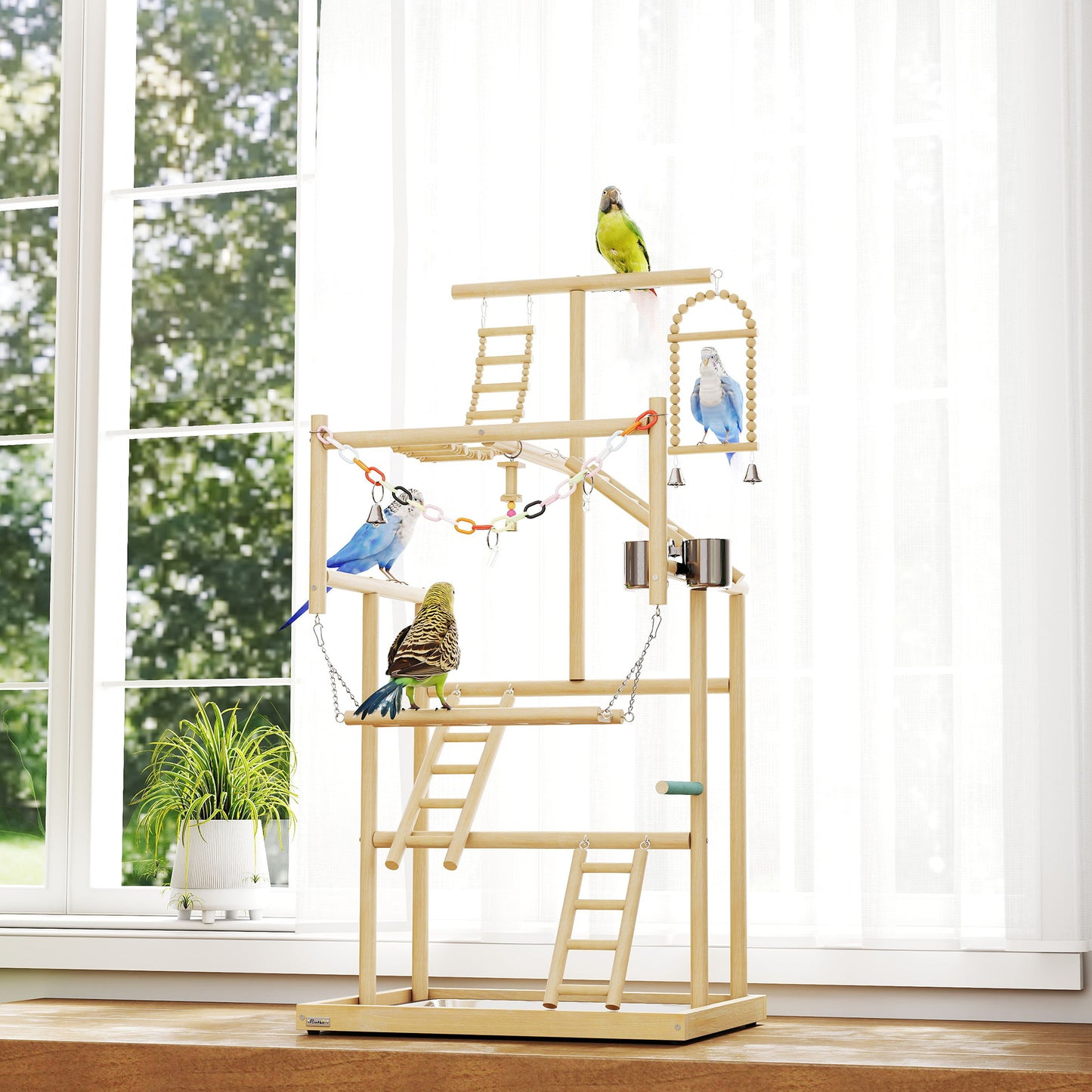 PawHut 95 cm Wooden Bird Playground with Ladders, Chain Toy, Stainless Steel Cups and Tray, Bird Cage Accessories, Natural