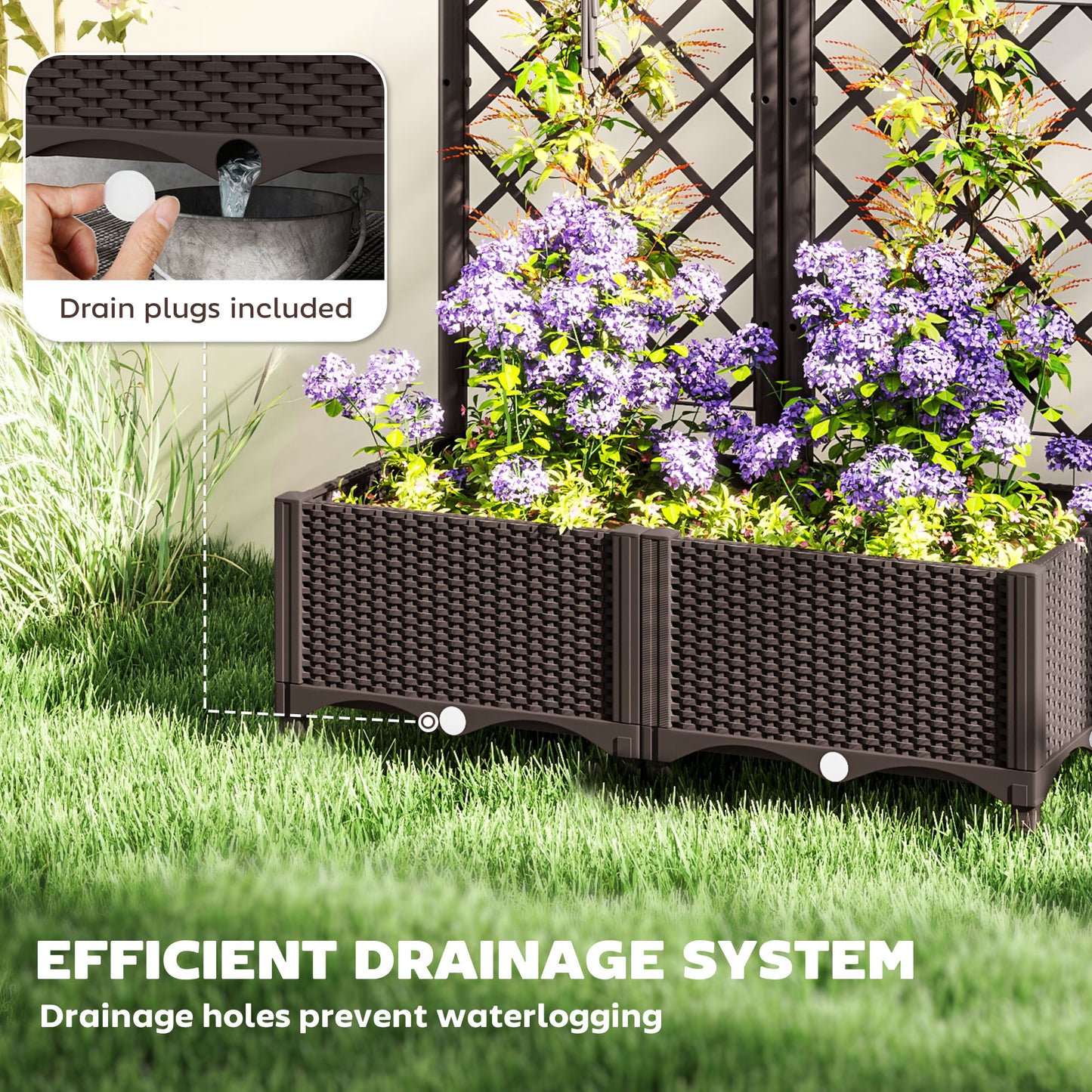 Outsunny Raised Garden Bed with Trellis, Plastic Planter Box with Drainage Holes 2 wide Brown