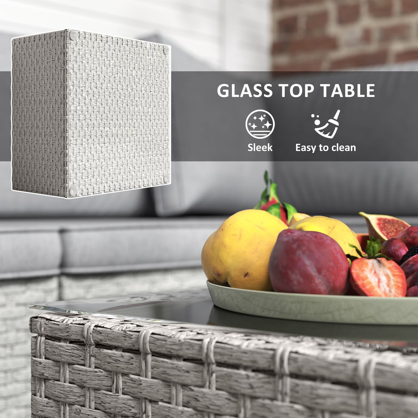 Outsunny 7-Piece Rattan Garden Furniture Set, 6-Seater Corner Sofa with Cushions, Glass Table, Outdoor Conservatory Set, Grey