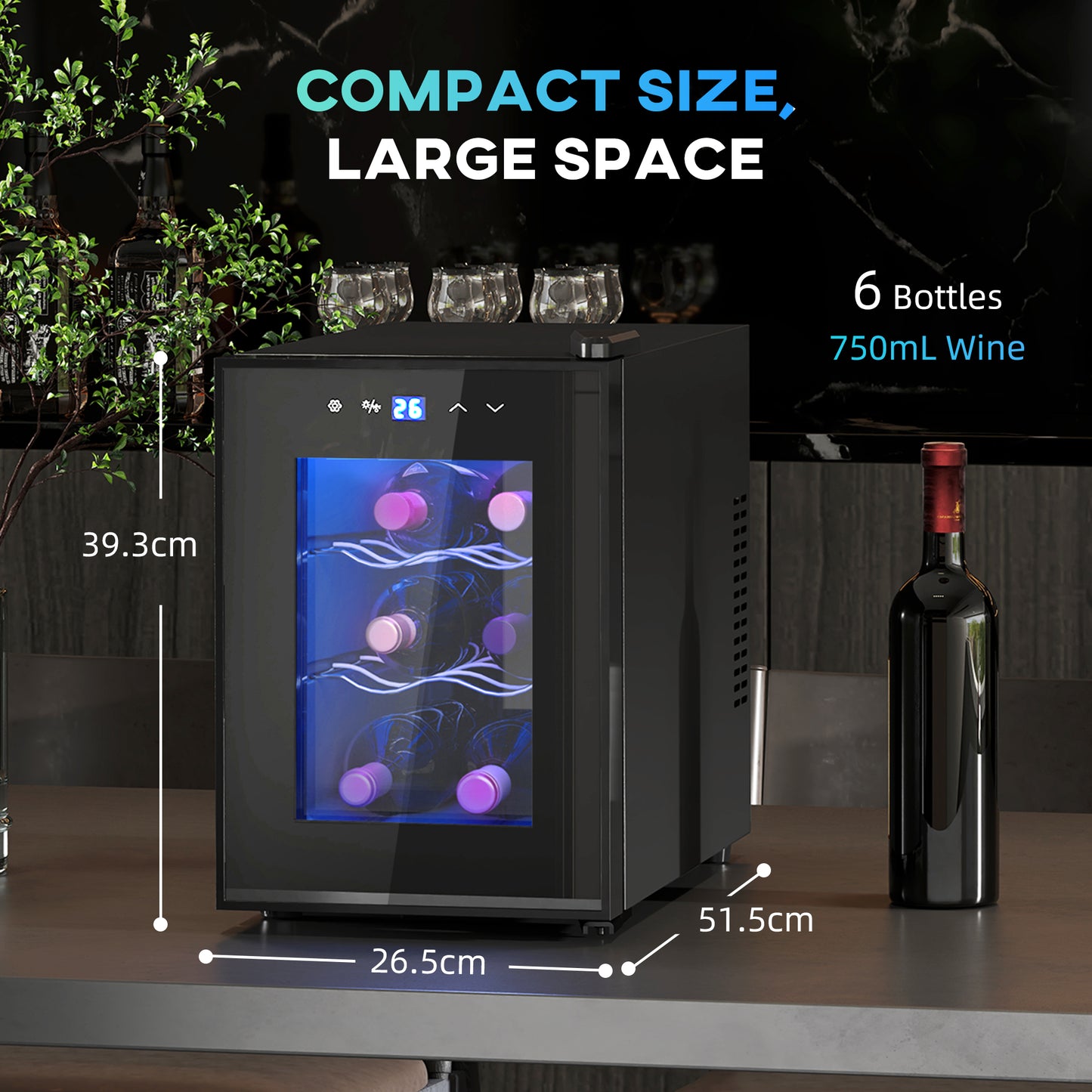 HOMCOM Six Bottle 8-18°C Countertop Wine Fridge - Black