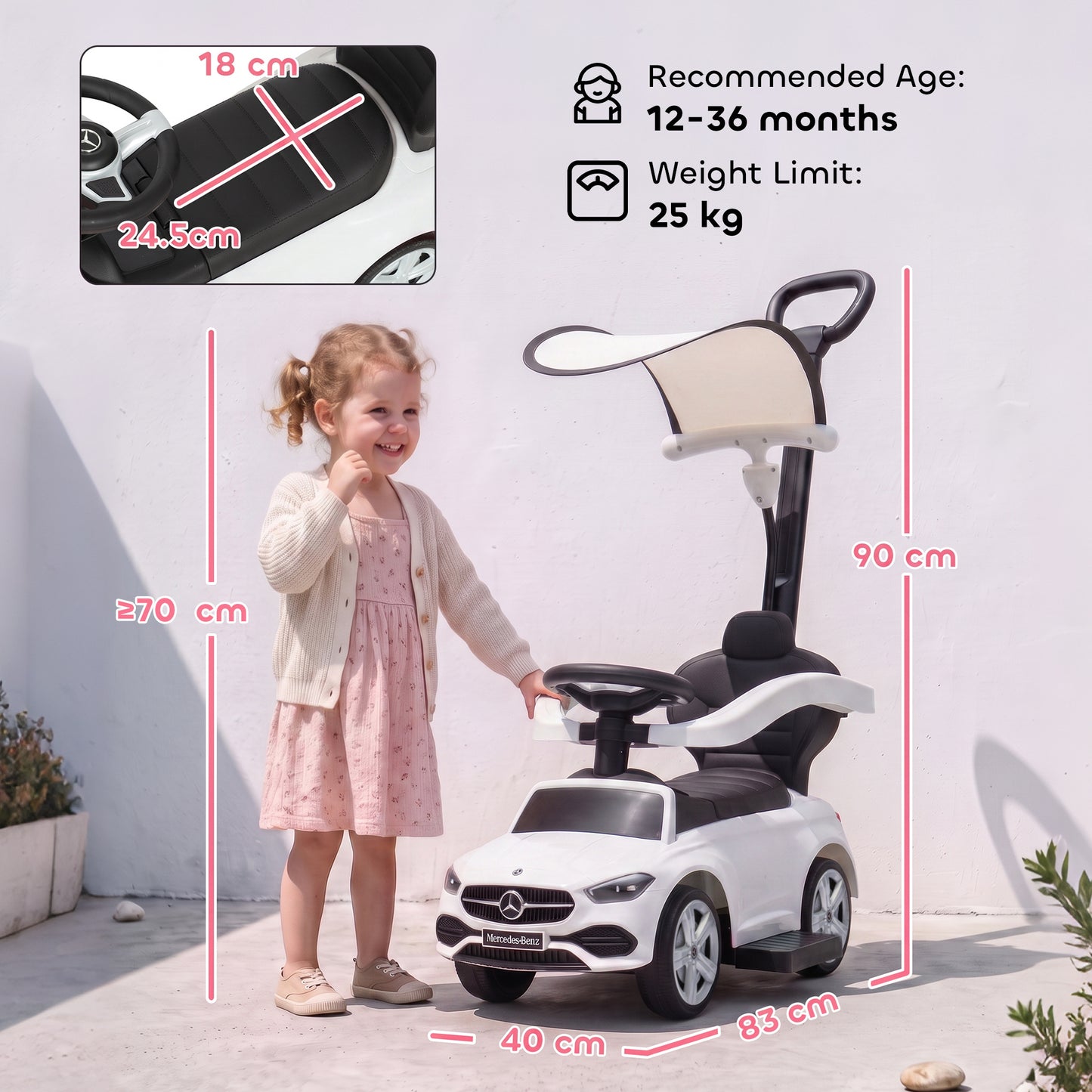 AIYAPLAY 4 in 1 Licensed Benz Ride on Push Car with Handle, Canopy, Guardrails, Horn, Music, Storage for 12-36 Months, White