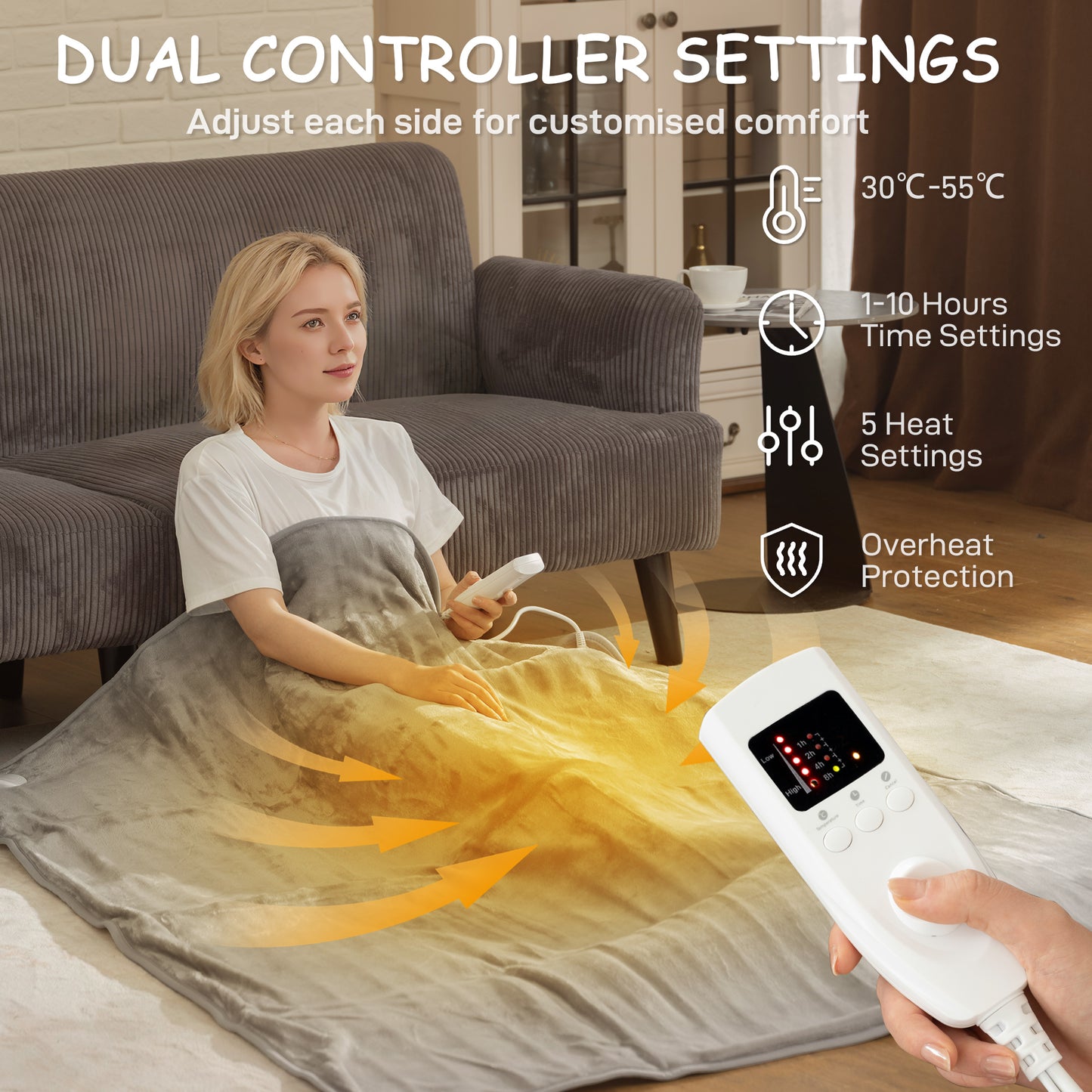 HOMCOM Electric Blanket with Dual Controllers, Ultra Soft Flannel, Machine Washable, 5 Heat Levels, 10-Hour Timer, Grey