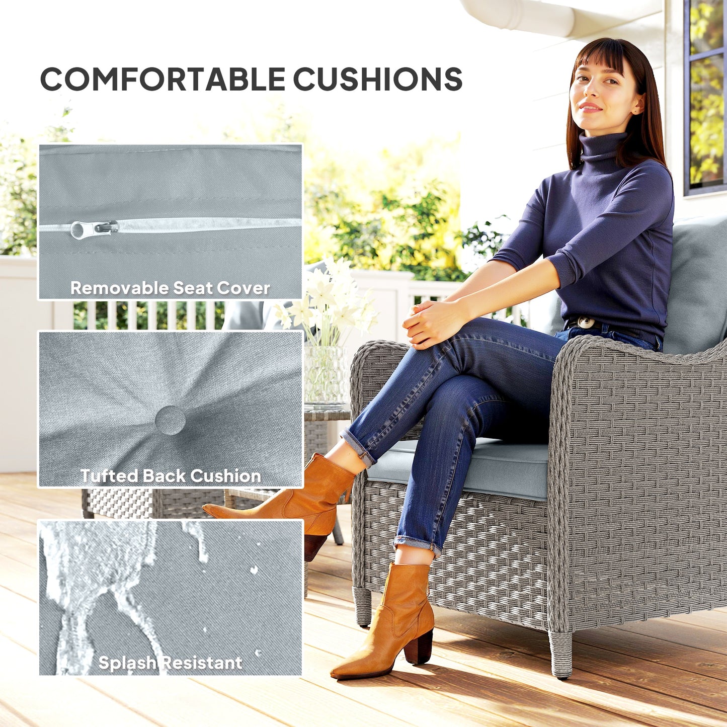 Outsunny Rattan Garden Chairs Set of 2, Outdoor Chairs with Cushions, Armrests, High Back, Steel Frame for Balcony, Porch, Light Grey