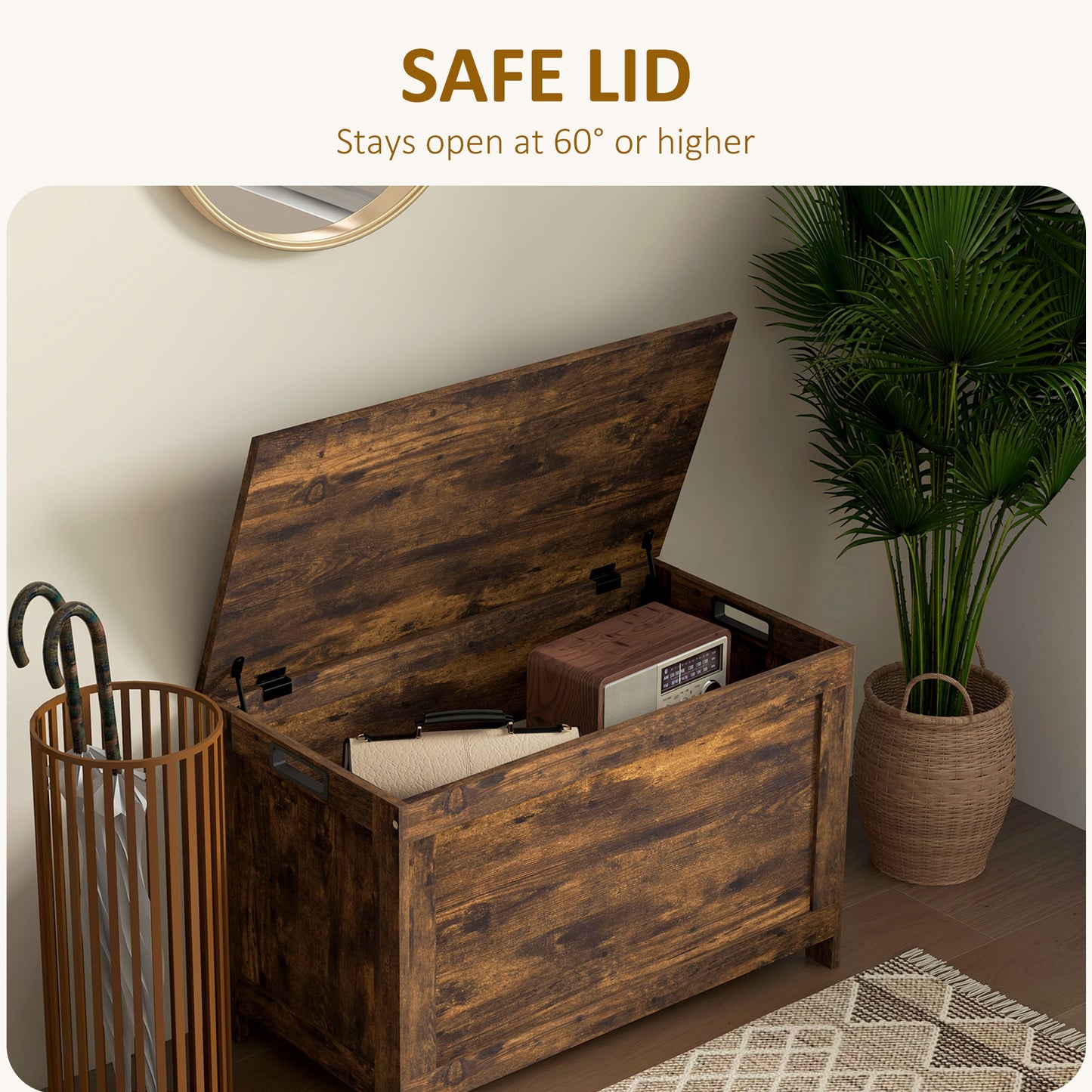HOMCOM Storage Chest, Modern Wooden Trunk with Safety Hinges & Cut-out Handles, for Living Room/Entryway, 76x40x48 cm, Rustic Brown