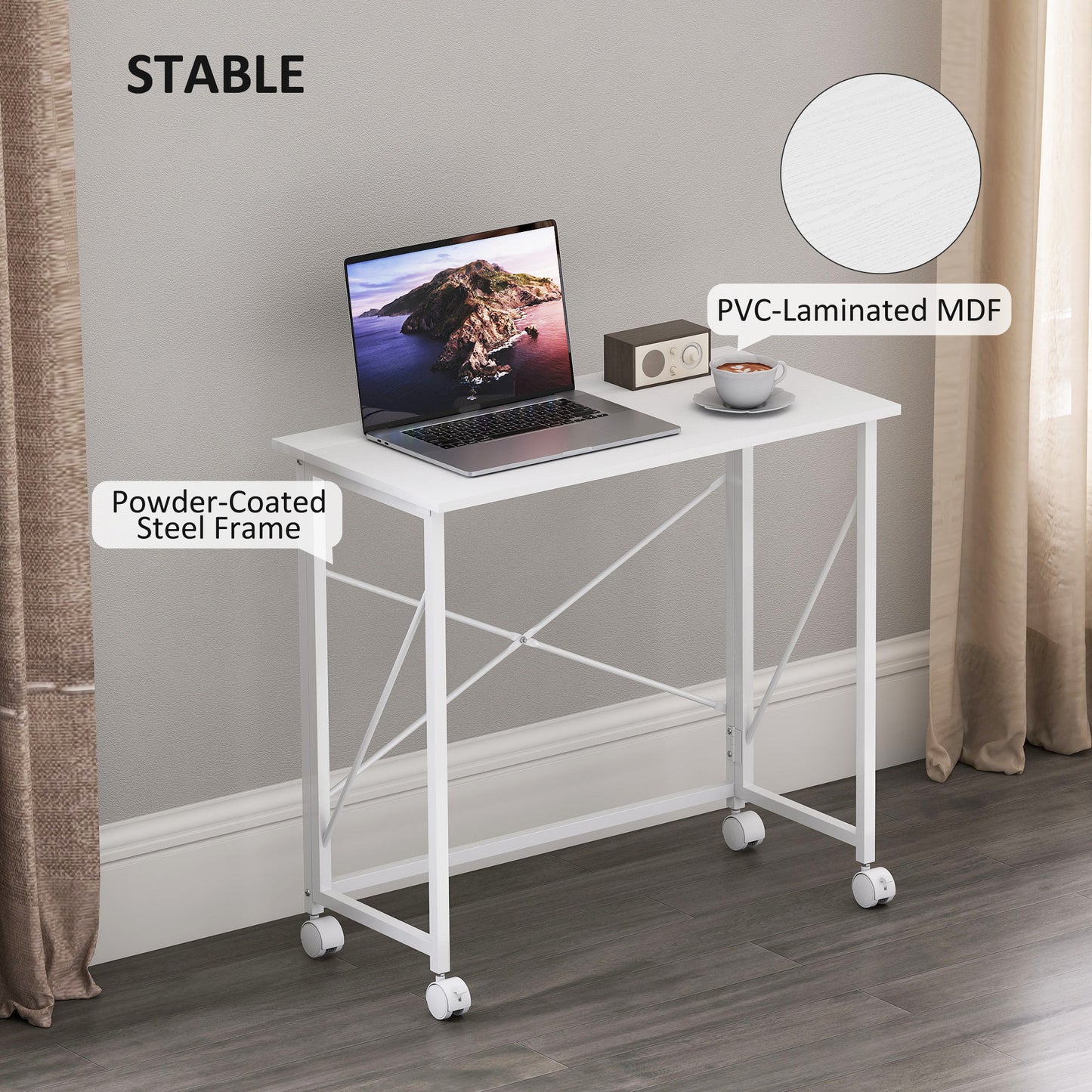 HOMCOM 80 cm Folding Desk on Wheels - White