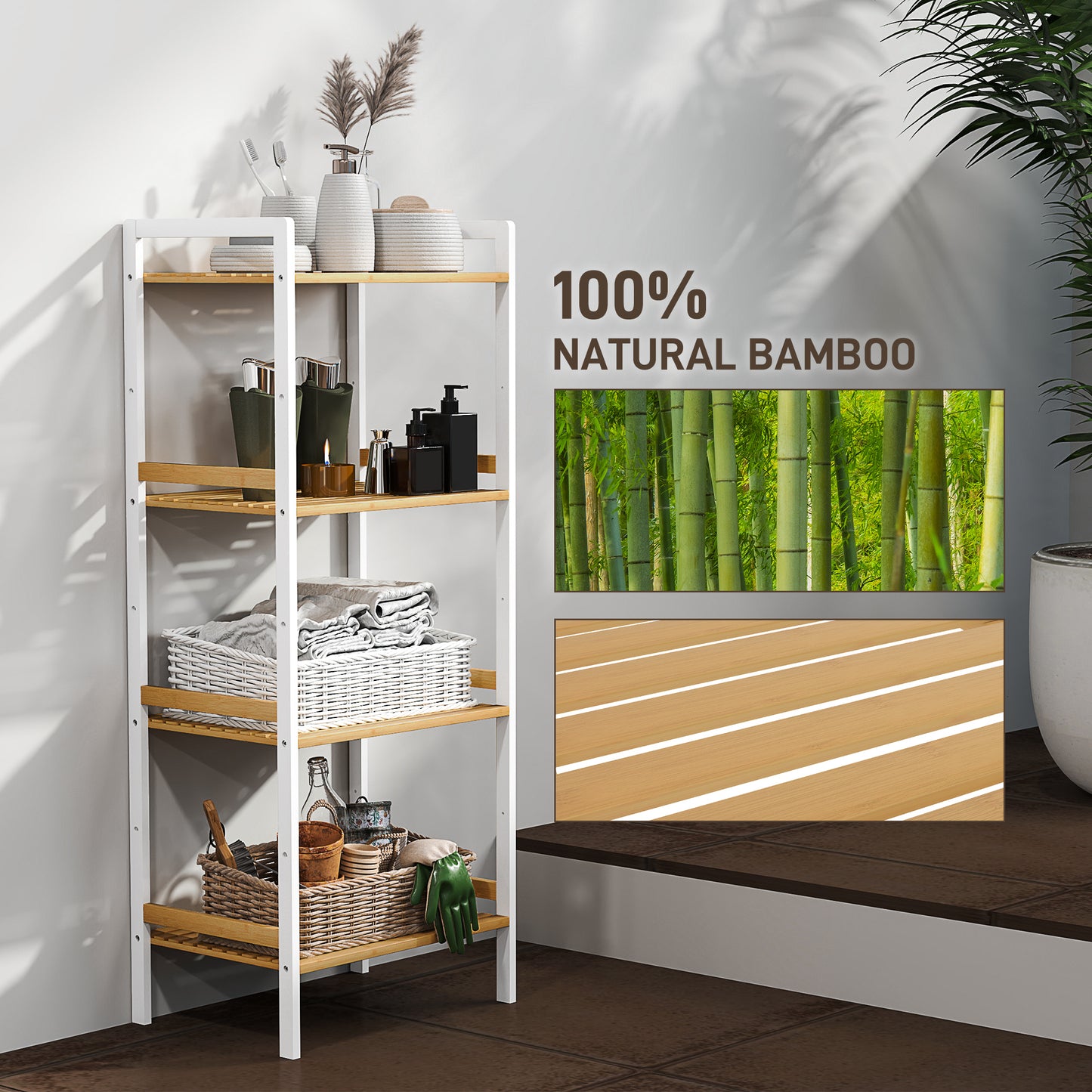 HOMCOM Four-Tier Bamboo Adjustable Shelf Storage Unit - White