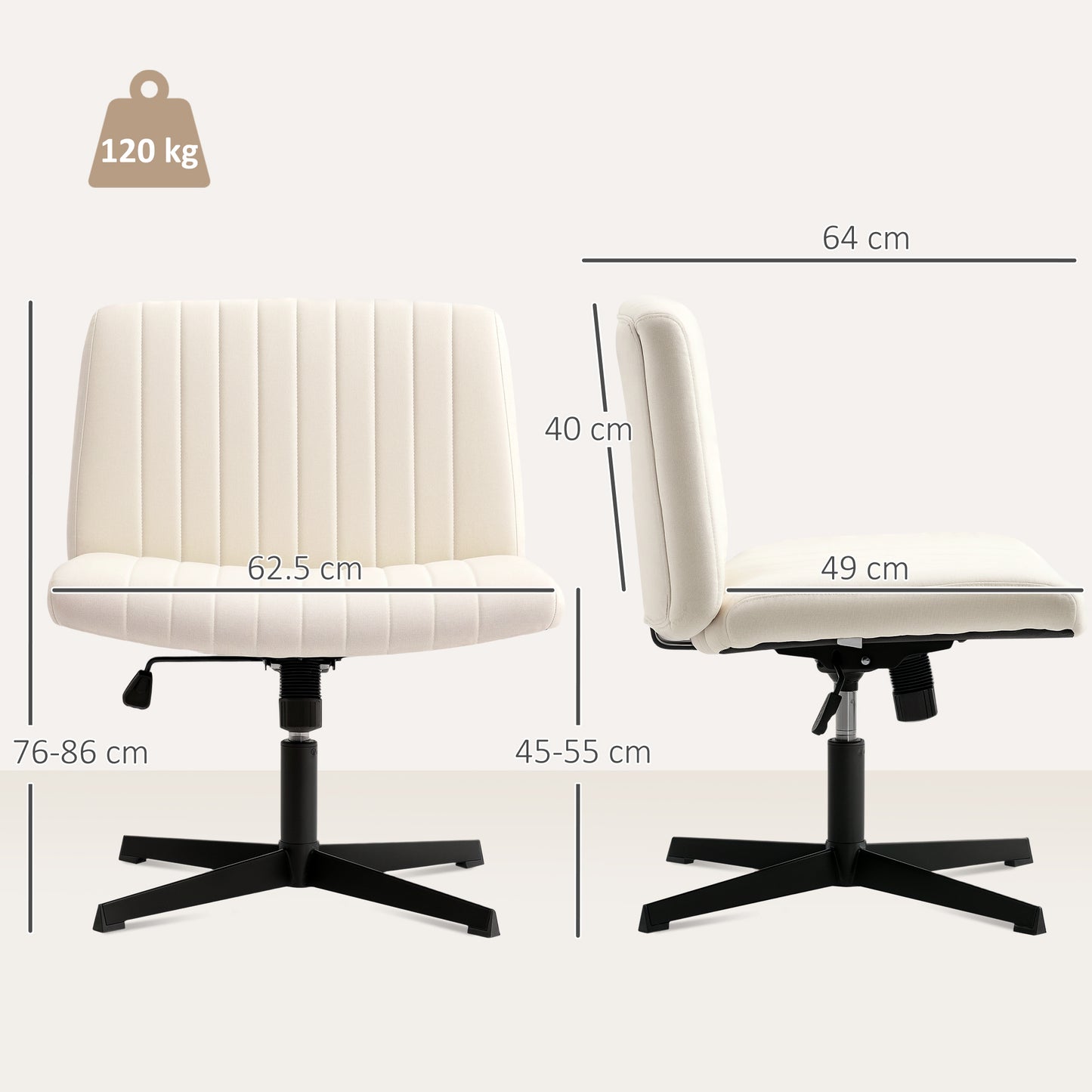 HOMCOM Armless Office Chair, Linen Fabric, Criss Cross Legs, Wide Seat, Thick Padding, Tilt, Adjustable Swivel for Home, Cream