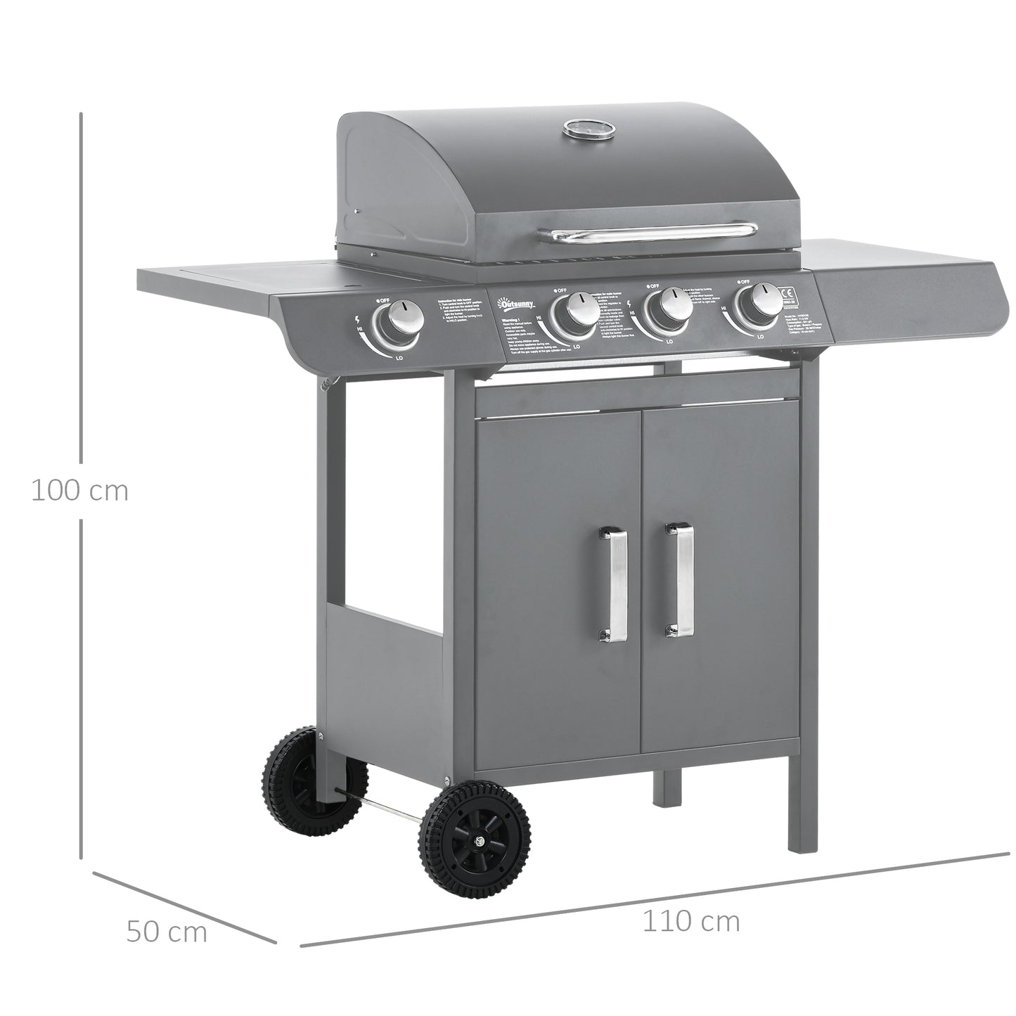 Outsunny 3+1 Burner Gas BBQ Grill, Outdoor Trolley with Wheels, Warming Rack, Side Shelves, Thermometer, Cabinet, 110Lx50Wx100Hcm, Grey