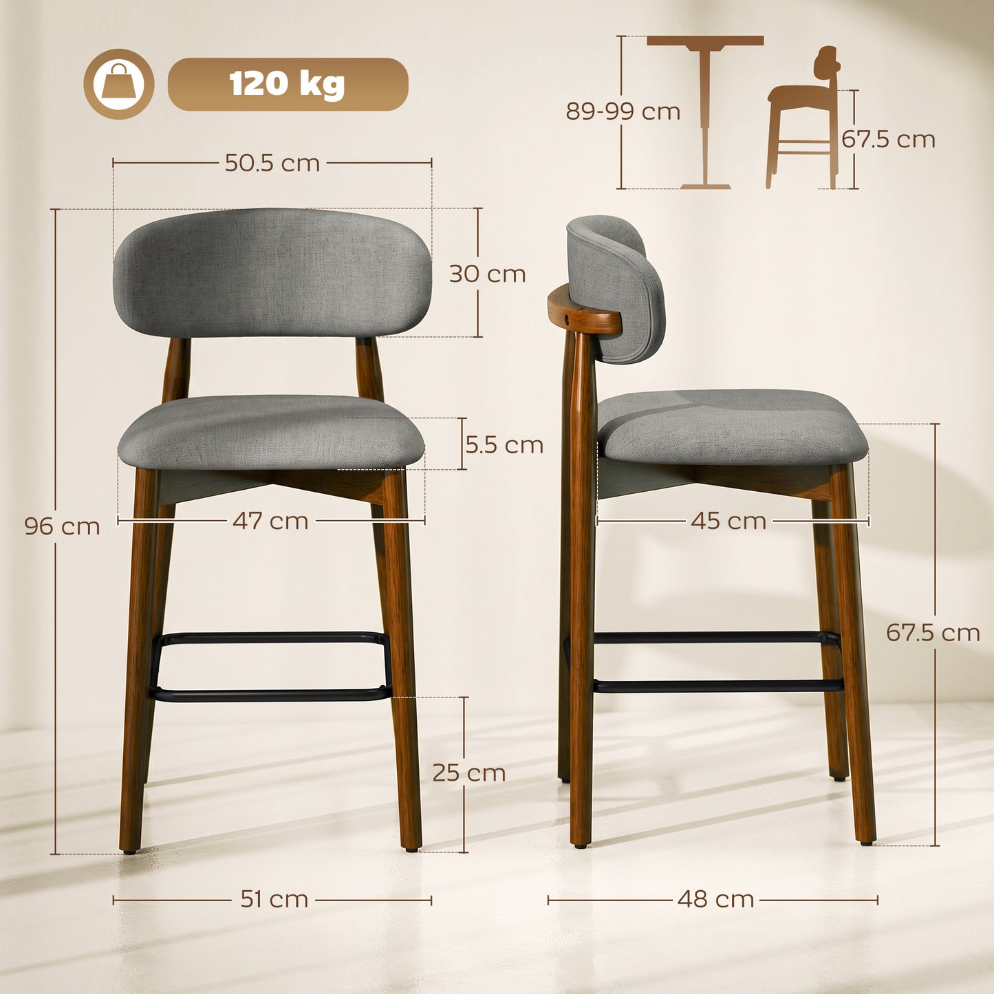 HOMCOM Bar Stools Curved Open Back Padded Seat Footrest Set of 2 for Kitchen Grey
