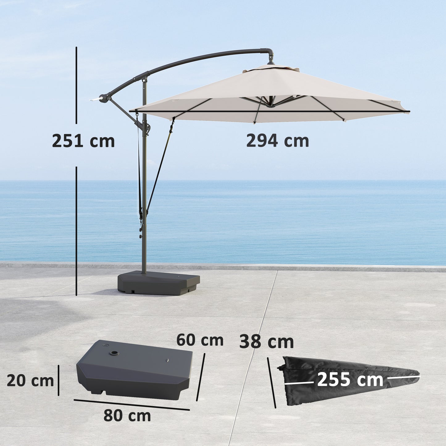 Outsunny Garden Cantilever Parasol with Fillable Base, Wind Strap, Cover, Crank Handle, Tilt, UPF50+, Patio Umbrella, Cream
