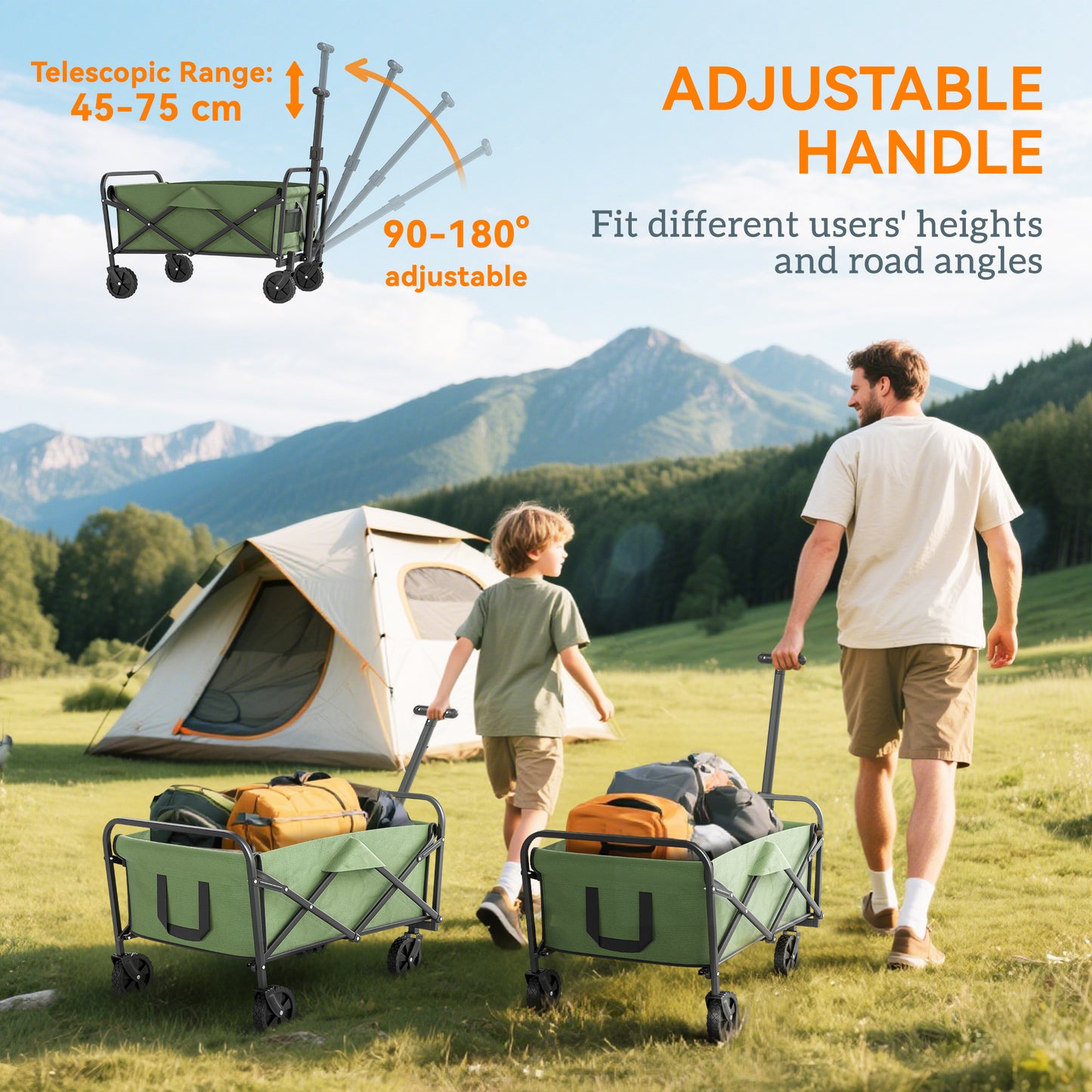 Outsunny Festival Trolley: 62L, 120kg Heavy Duty Folding Wagon w/ Wheels, Adjustable Handle, Carry Bag for Beach, Camping, Festival, Green
