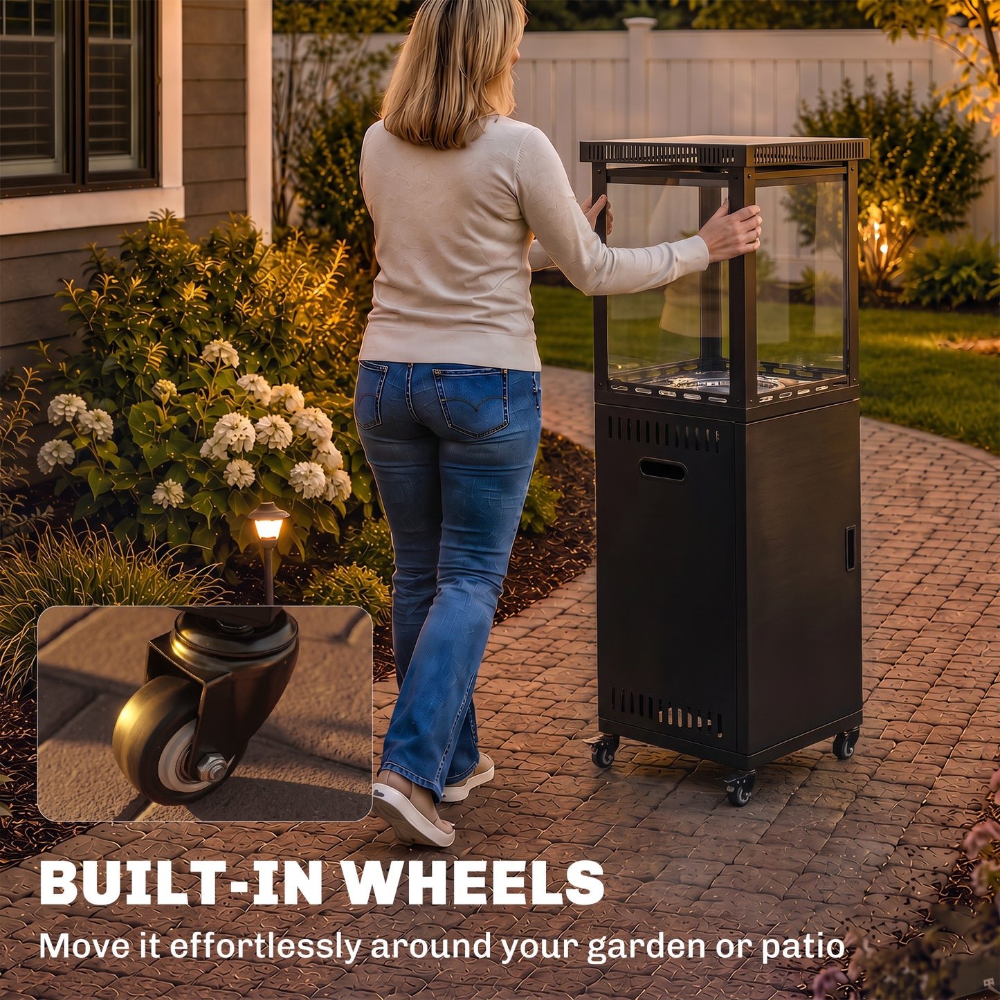 Outsunny Gas Patio Heater, 13 kW Portable Propane Outdoor Heater with Stepless Heat Control, Tip-over Protection, 4 Wheels, Black