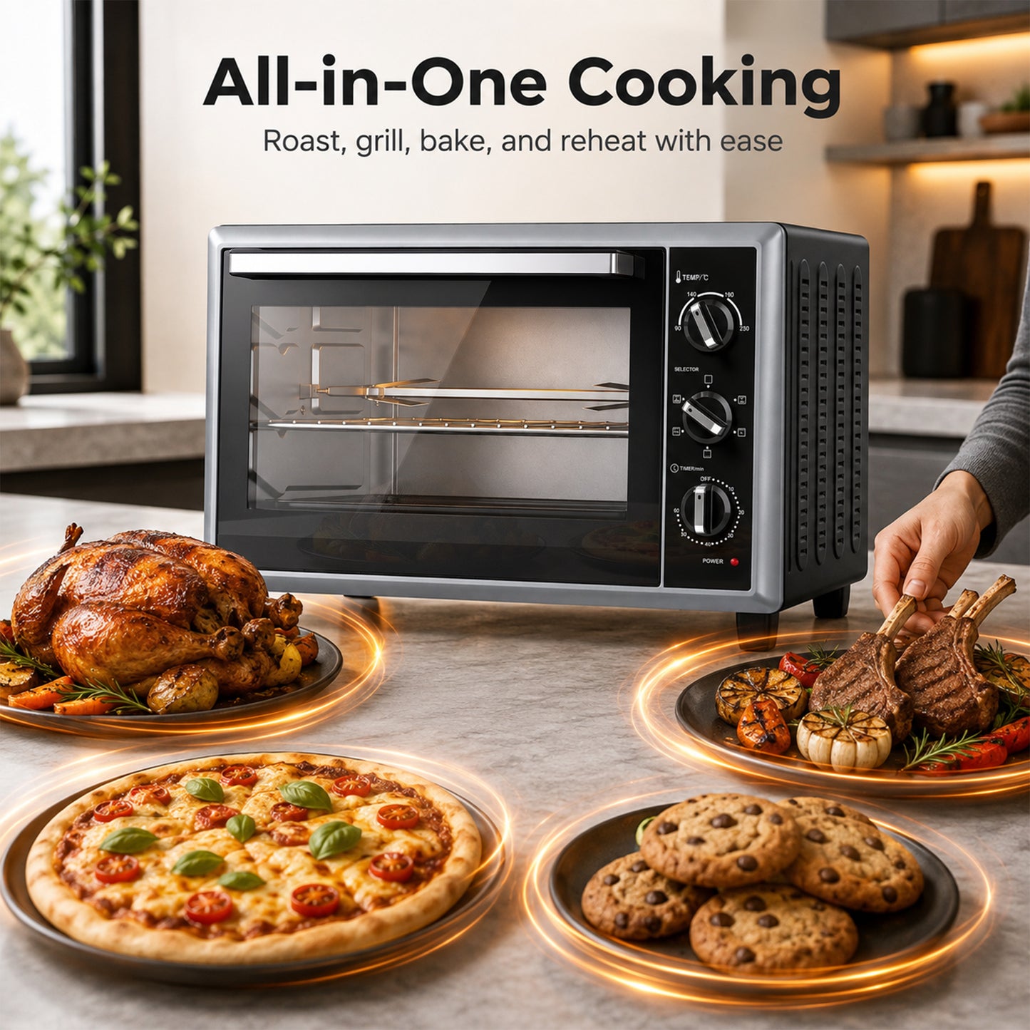 HOMCOM 36L Mini Oven with Convection, Electric Countertop Cooker with Rotisserie, 90–230°C Adjustable Temperature, 1500 W