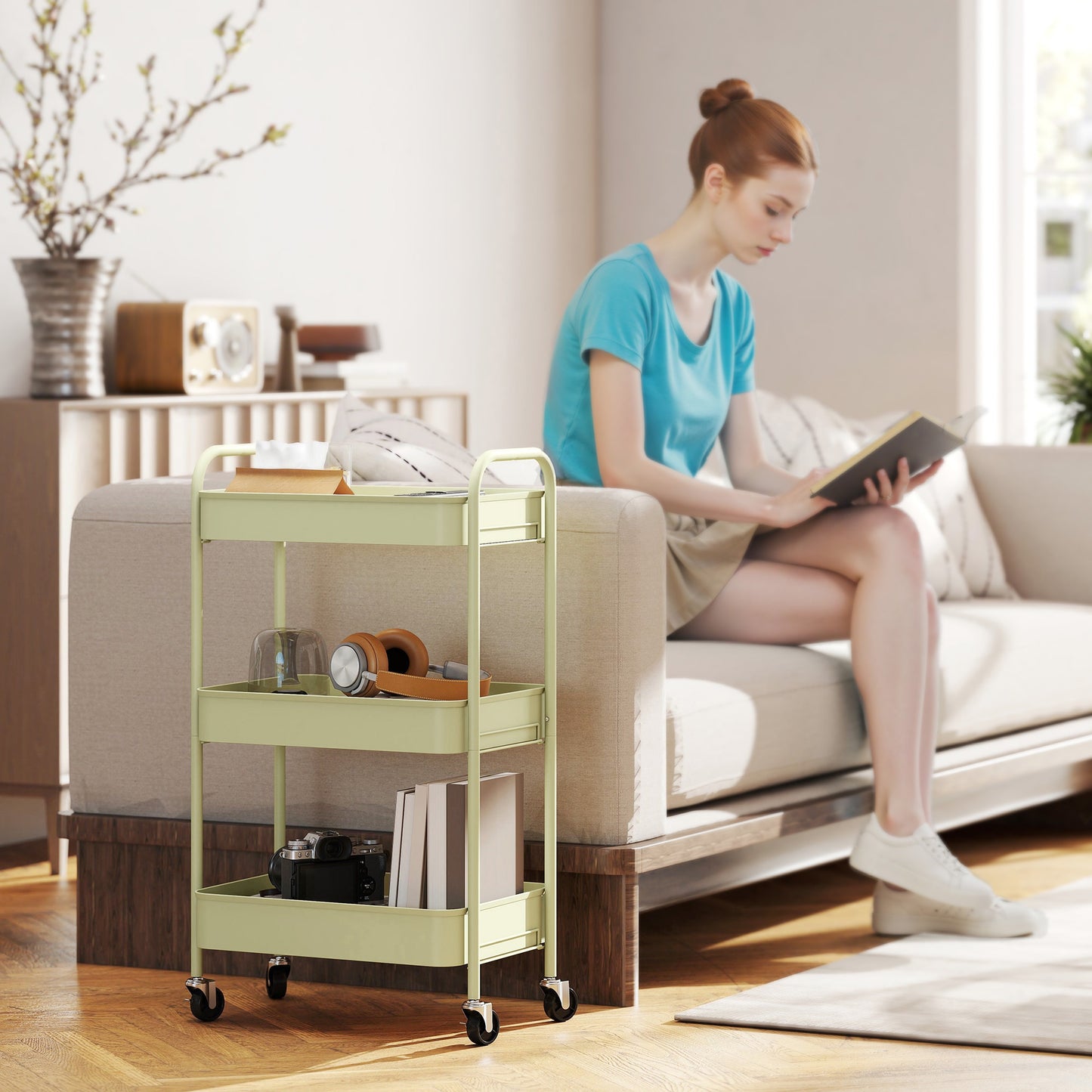 HOMCOM Three-Tier Steel Storage Trolley - Green