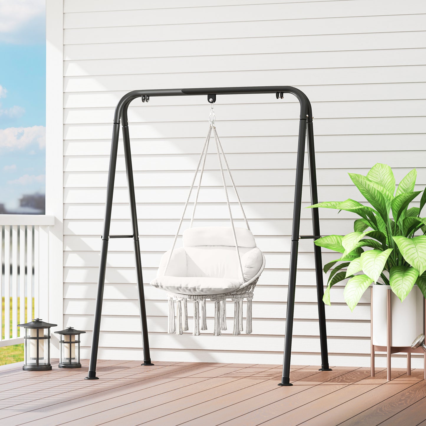 Outsunny Hanging Chair Outdoor Hammock with Cushion, Cotton Rope Boho Style Swing Seat for Indoor/Outdoor, Cream White