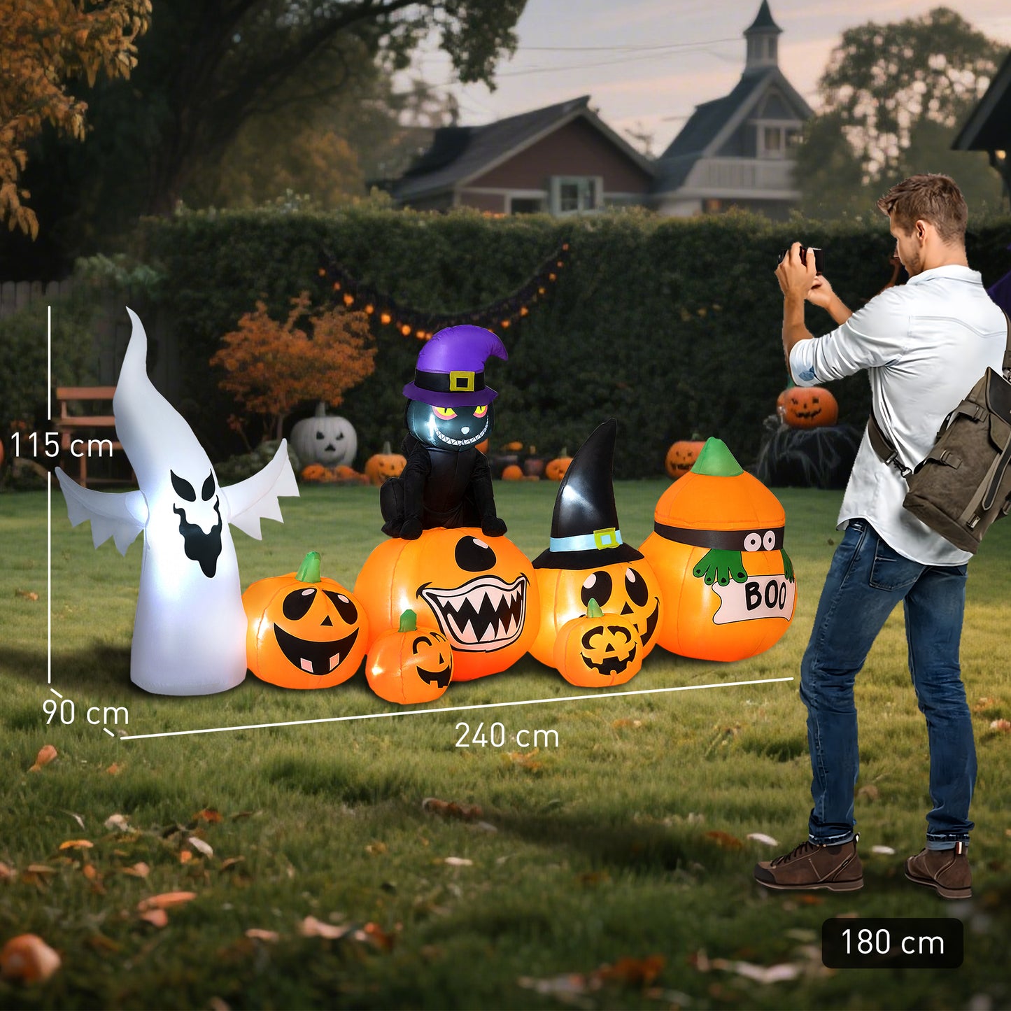 Outsunny Halloween 8FT Inflatable Pumpkin Ghost and Cat Combo with 9 LEDs, Self-Inflating Garden Party Decor - Outdoor Decorations, Orange