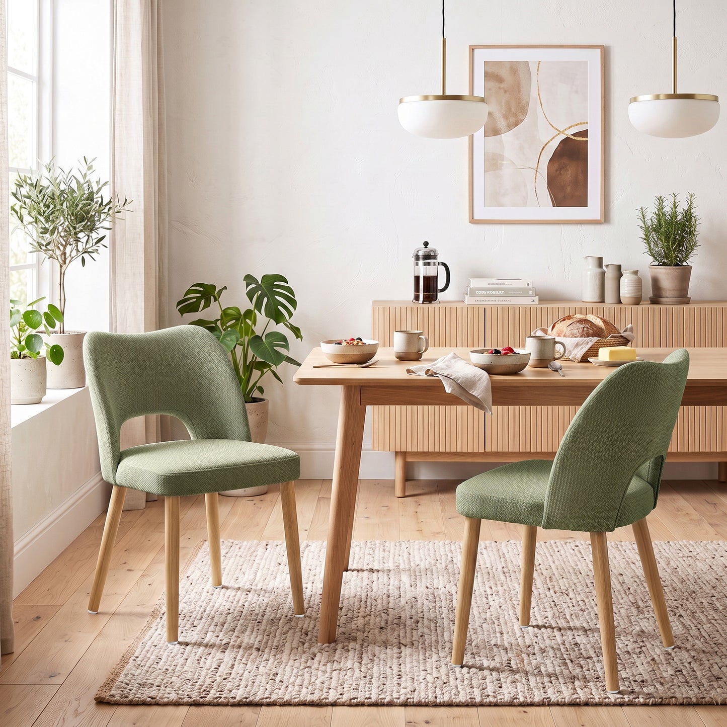 HOMCOM Dining Chairs Set Upholstered Kitchen Chenille Tool Free Assembly Rubberwood Legs, Green