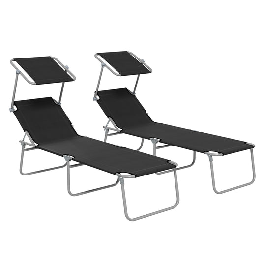 Outsunny Foldable Sun Lounger Set of 2 with Sun Shade & Adjustable Backrest - Black