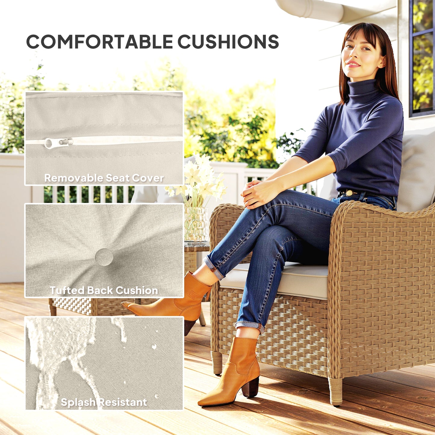 Outsunny Rattan Garden Chairs Set of 2, Outdoor with Cushions, Armrests, High Back, Steel Frame for Balcony, Porch, Beige