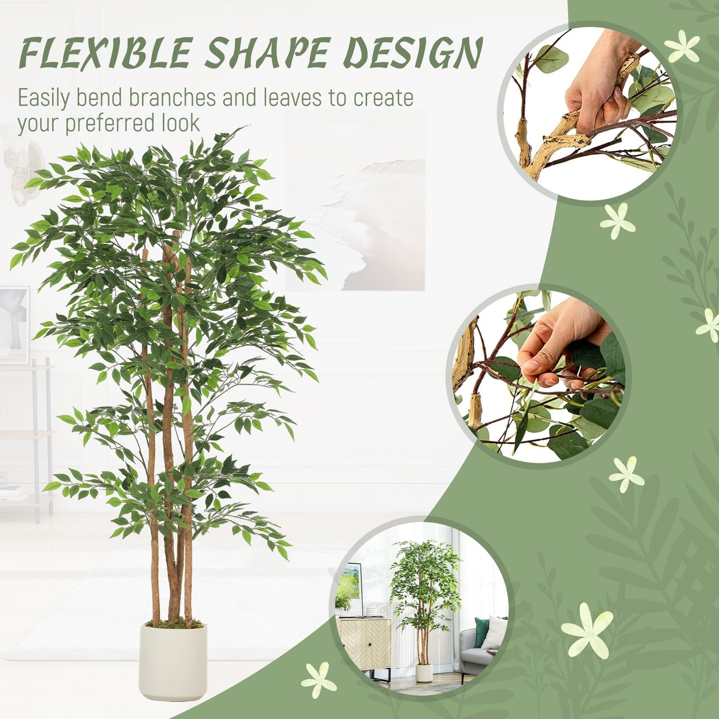 HOMCOM 180cm Artificial Ficus Tree, Fake Potted Tree with Solid Wood Trunk and Pot for Indoor, Green