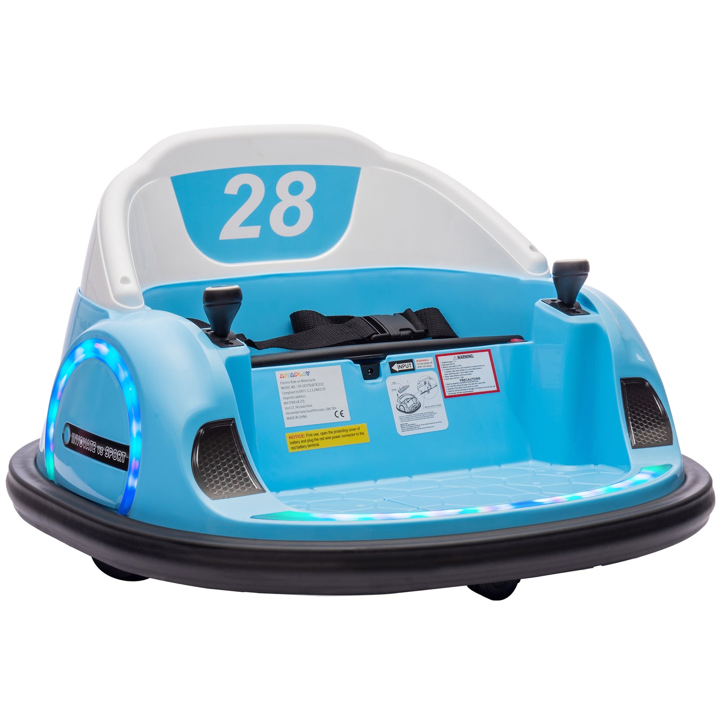 AIYAPLAY 360° Rotation Kids Bumper Car, 12V Waltzer Car with Remote Control, Dual Joysticks, Music Lights - Light Blue