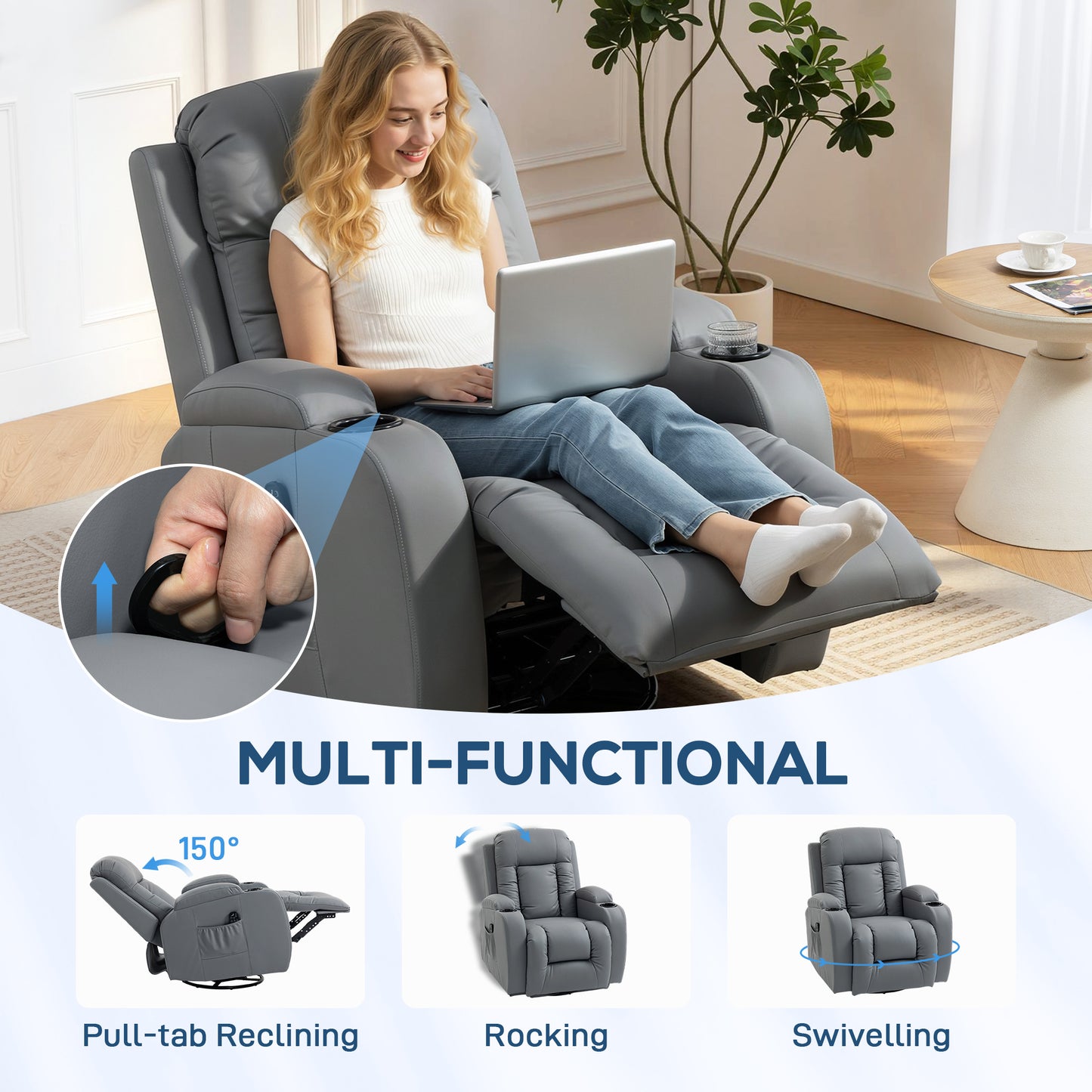 HOMCOM Massage Recliner Armchair, PU Leather Recliner Chair, Grey