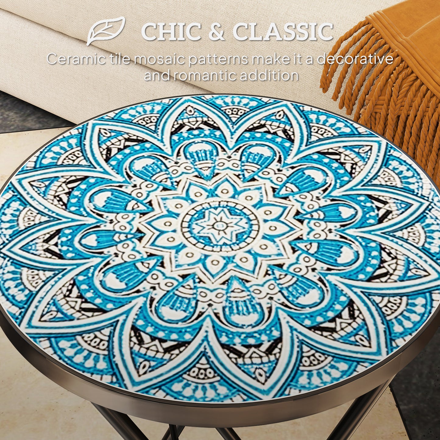 Outsunny Mosaic Garden Table, 35.5cm Round Folding Coffee Table with Metal Frame, Indoor Outdoor Table for Balcony Terrace, Blue