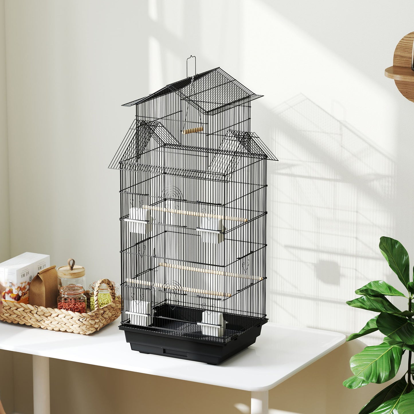 PawHut Metal Bird Cage with Plastic Swing, Perch, Food Container, Tray, Handle, for Finches, Canaries, 43 x 32.5 x 104cm
