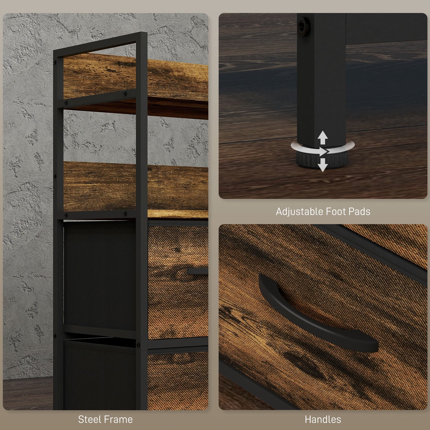 HOMCOM Rustic Chest of Five Fabric Drawers - Brown Wood Effect