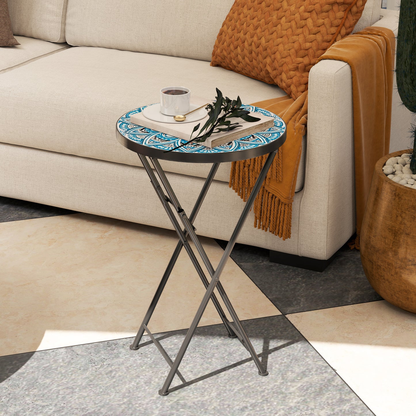 Outsunny Mosaic Garden Table, 35.5cm Round Folding Coffee Table with Metal Frame, Indoor Outdoor Table for Balcony Terrace, Blue