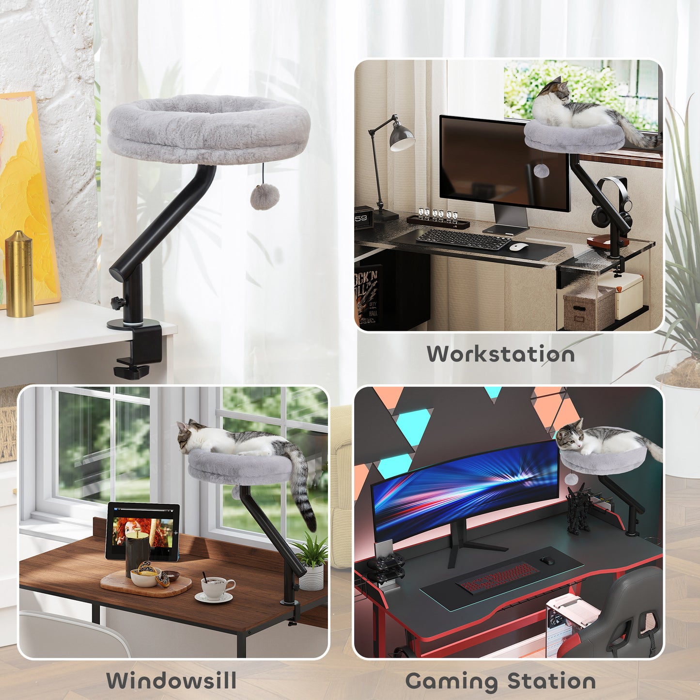 PawHut Cat Desk Bed, Cat Hammock 360° Rotatable Adjustable for Window, Table, Work, Grey