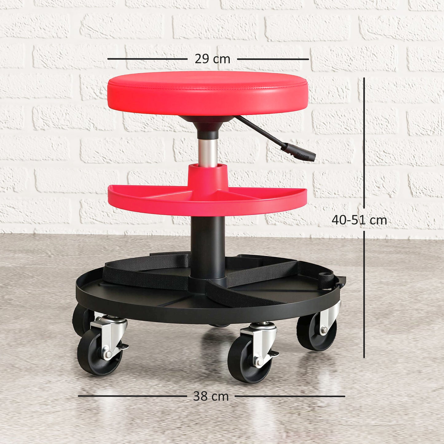 HOMCOM Mechanic Stool, 135kg Capacity, 360° Swivel Roller Padded Creeper Seat with Wheels, Tool Tray Storage, Red