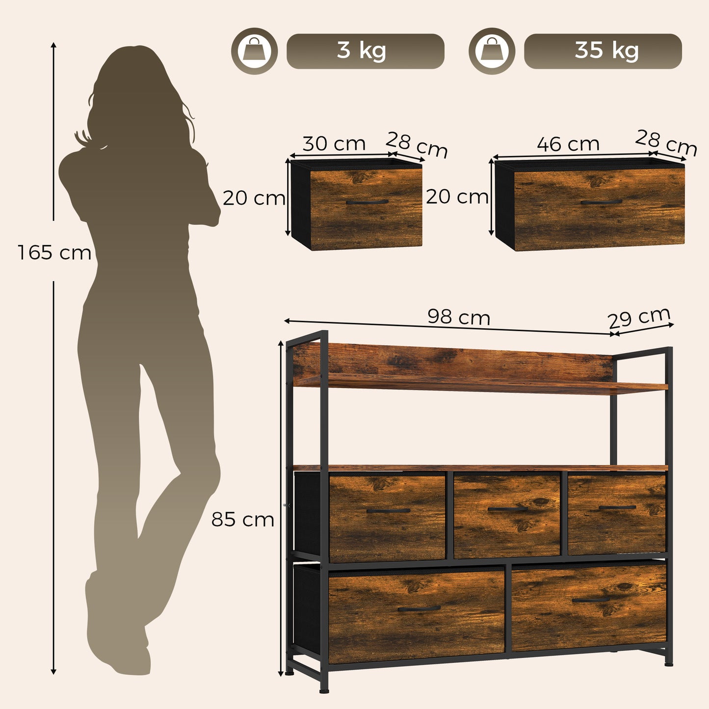 HOMCOM Chest of Drawers, Bedroom Fabric Dresser with 5 Drawers, Storage Organiser Unit with Open Shelves, Rustic Brown
