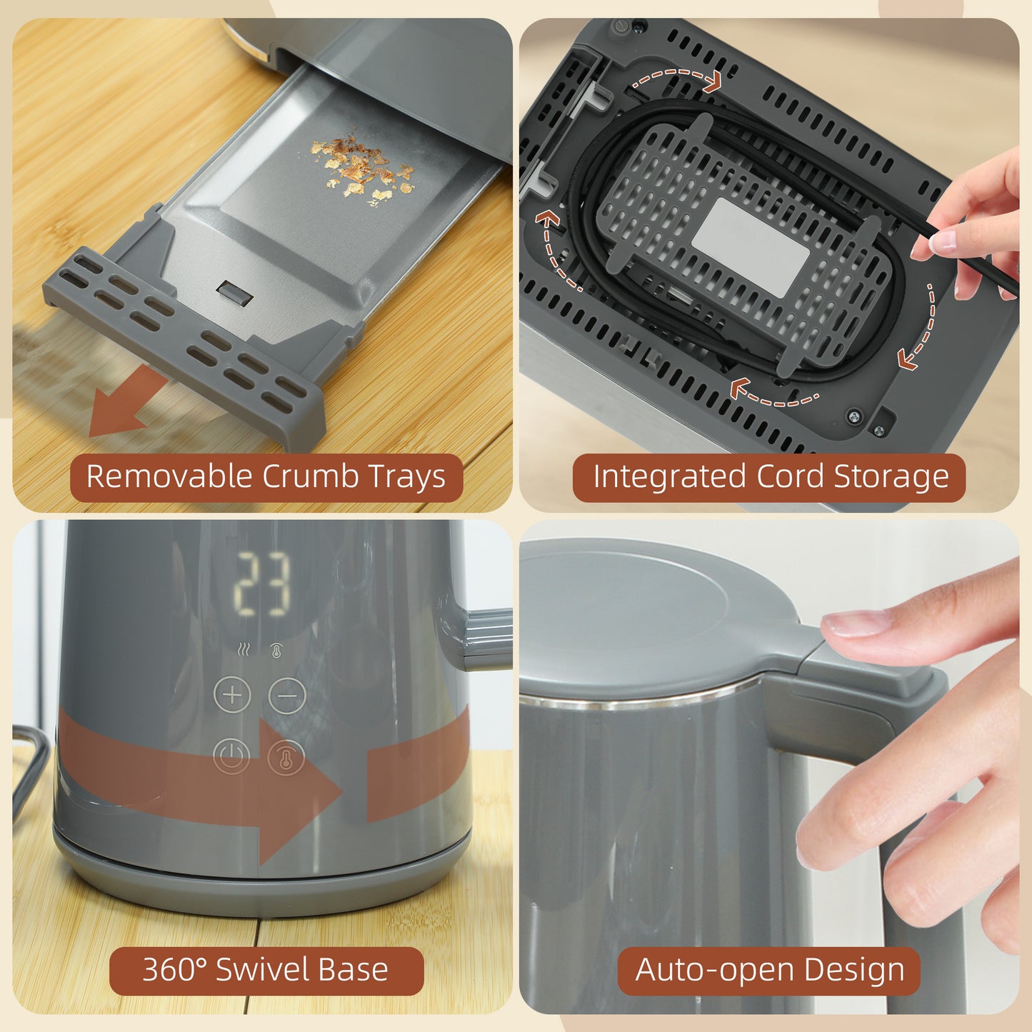HOMCOM Digital Kettle & Toaster Set, 1.5L 3000W Fast Boil Kettle, 2-Slice Toaster with 7 Browning Levels, LED Display, Crumb Tray, Grey
