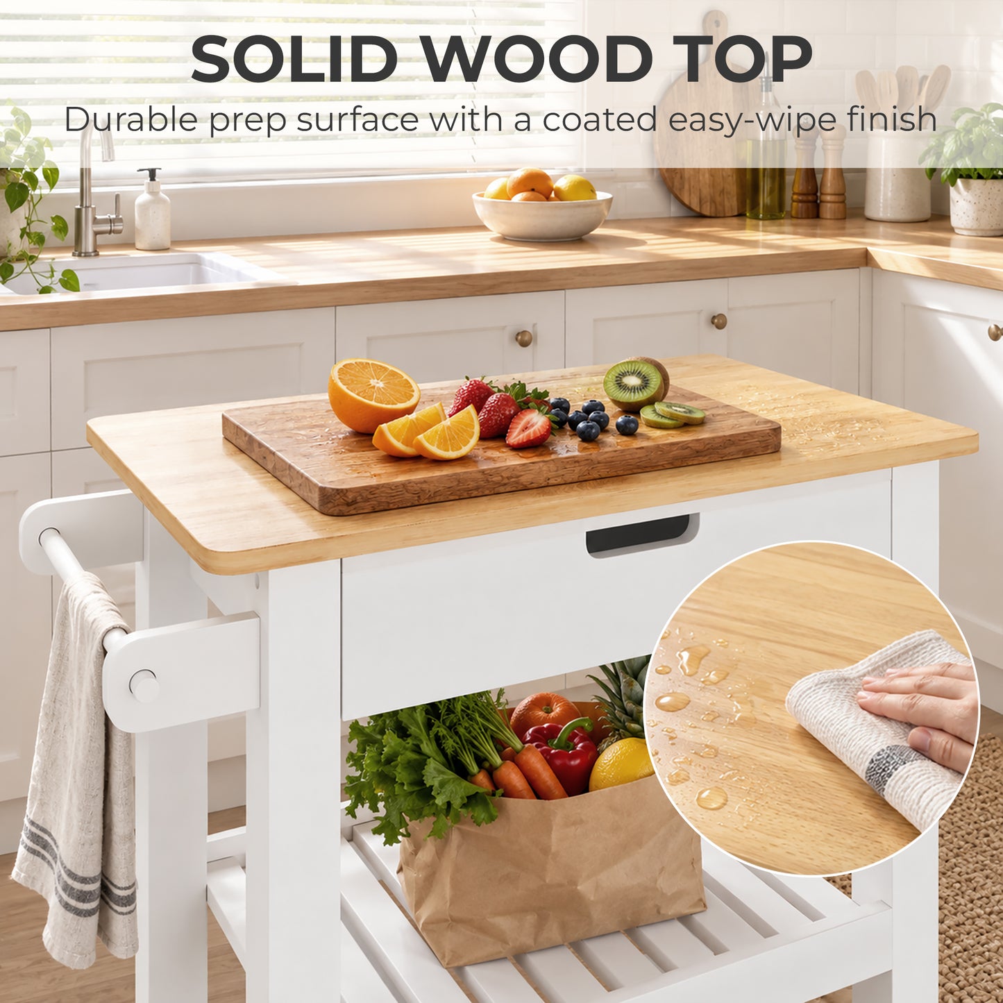 HOMCOM Kitchen Trolley Utility Cart on Wheels with Rubberwood Worktop, Towel Rack, Storage Shelves & Drawer for Dining Room
