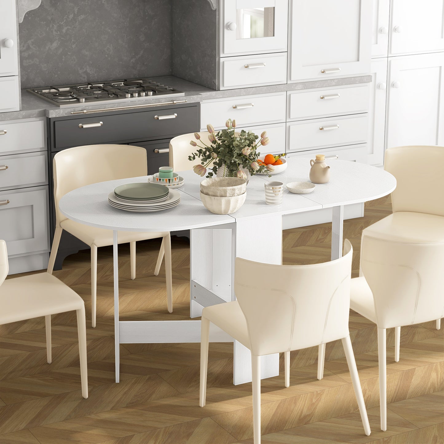 HOMCOM Folding Dining Table, Drop Leaf Table for Small Spaces, Oval Kitchen Table for Dining Room, Ash Wood-Effect