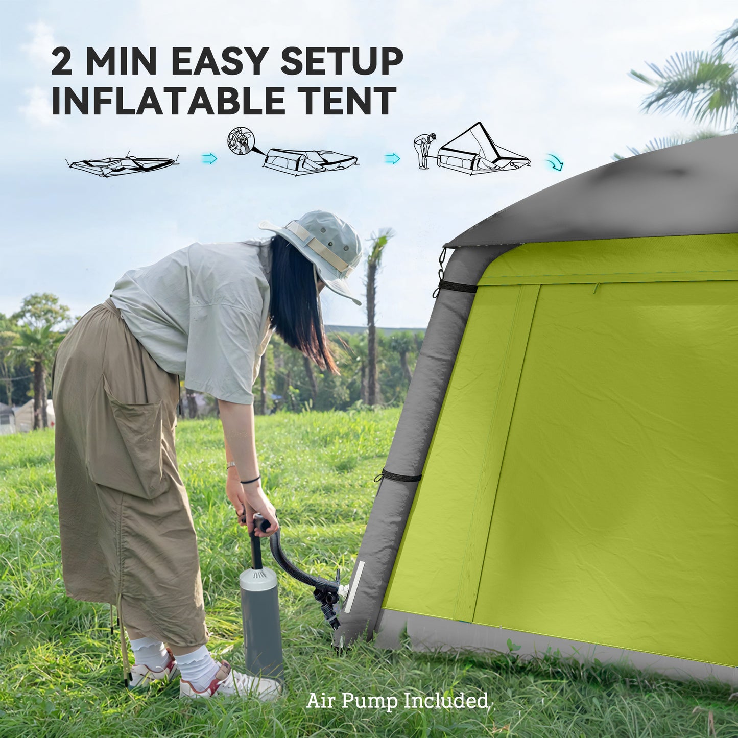 Outsunny Inflatable Camping Tent w/ Hand Pump, Easy Setup for 1-2 People, Waterproof & Windproof with Mesh Windows, Doors & Carry Bag, Green/Brown