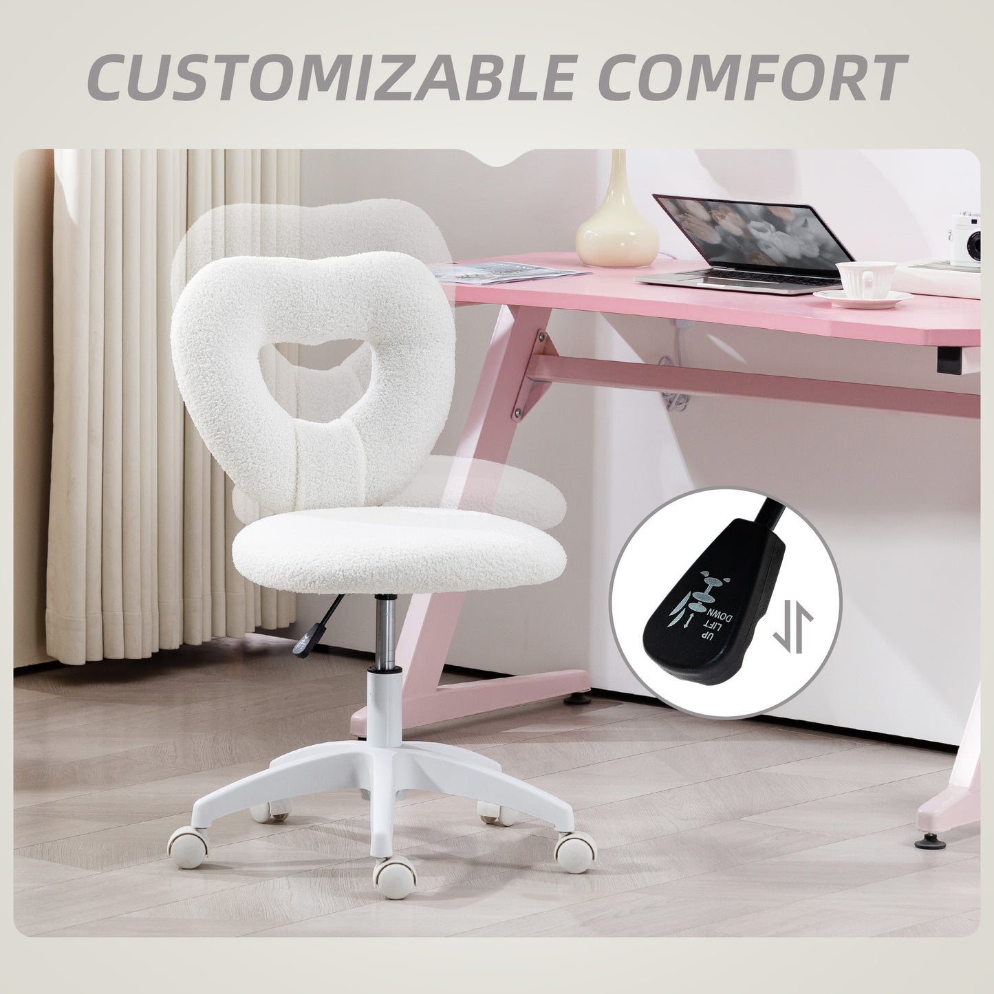 HOMCOM Armless Heart Computer Desk Chair, Swivel Office/Vanity Chair, Height Adjustable with Wheels, Teddy Fleece, White